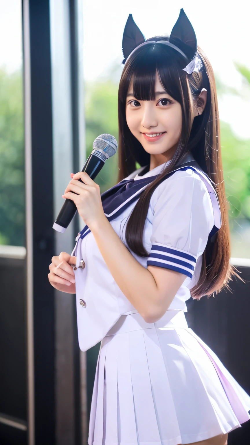 (8k、RAW photo、highest quality、masterpiece:1.5)、(realistic、Photoreal:1.5)、super detailed、超A high resolution、cinematic lighting、Racecourse、on the lawn、(((Nogizaka46をモチーフにした衣装を着た美女)))、(have a microphone、((26 year old Japanese woman)))、(((Wearing a cute white Nogizaka style idol uniform costume)))、、one piece costume、cute smile、dynamic angle、dynamic lighting、big breasts、full body shot、silver hair、I have a horse's tail growing out of my butt.、horse ears are growing、idol face、Nogizaka46、have a microphone、big breasts、huge breasts、idol pose、chest is hidden、silver hair、Horse ears are growing