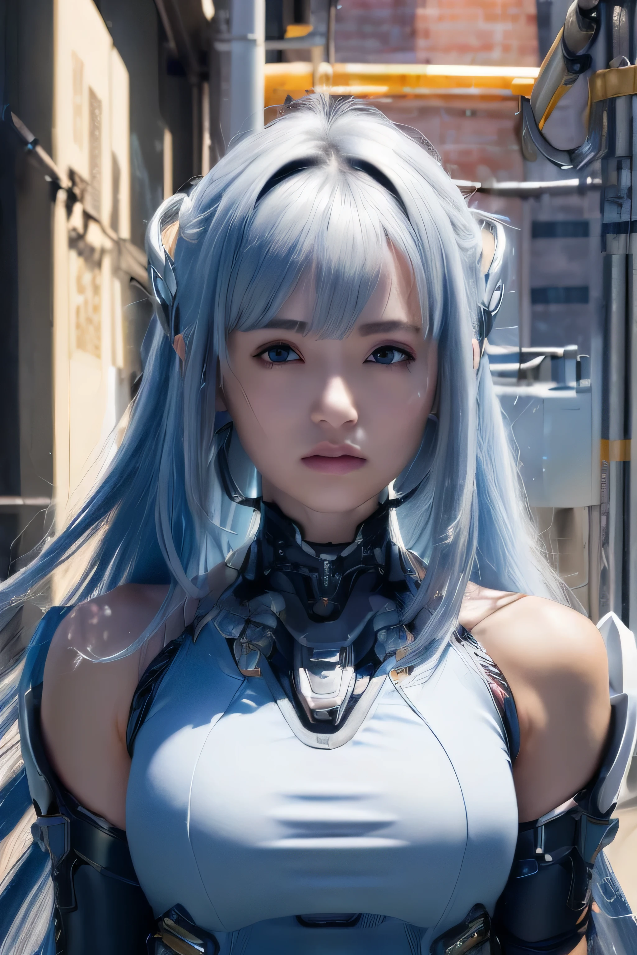 (((RAW image quality:1.4))), highest quality、masterpiece、ultra high resolution、(realistic:1.4)、1 girl、light blue hair、straight hair, beautiful shiny hair、white and glossy skin、Sexy Cyberpunk Girl、((Ultra realistic details))、shadow area、octane rendering、super sharp、super detailed face、fiberglass、glowing tube、very intricate details、realistic light、CG Society Trends、((golden eyes))、(towards the camera)、Neon details Mechanical rim mechanical vertebrae attached to back、Mechanical neck that attaches to the neck、Wires and cables connecting to the head、space background、between legs、((valkyrie))、((beam cannon))