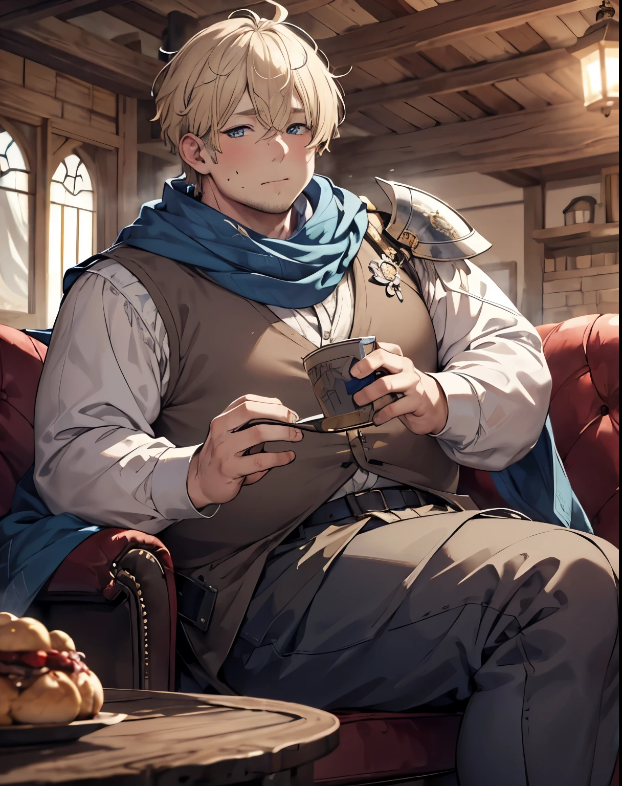 masterpiece, 1men, sparrow, a blonde haired men, wearing a blue medieval nobel clothes, short hair, messy hair, fat body, wearing noble clothes, he close her left eye, shirt ornament, drunk expression, blue eyes, snowy forest, ahoge, grey vest, shawl, full armor, bring big shield in his back, beautiful eyes, ugly face, fat, ugly bastard, stomachy, obese, chubby face, old face, big nose, sit in the sofa