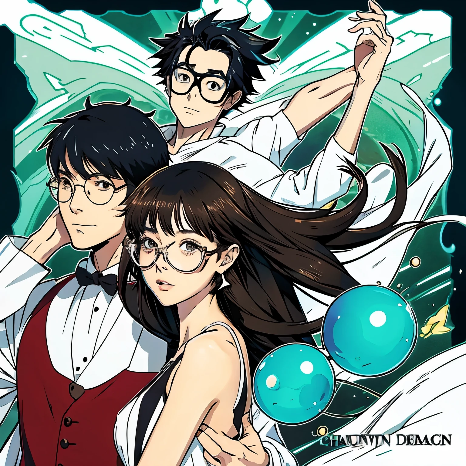 Anime drawing of a man using gravity magic and a sexy woman wearing glasses