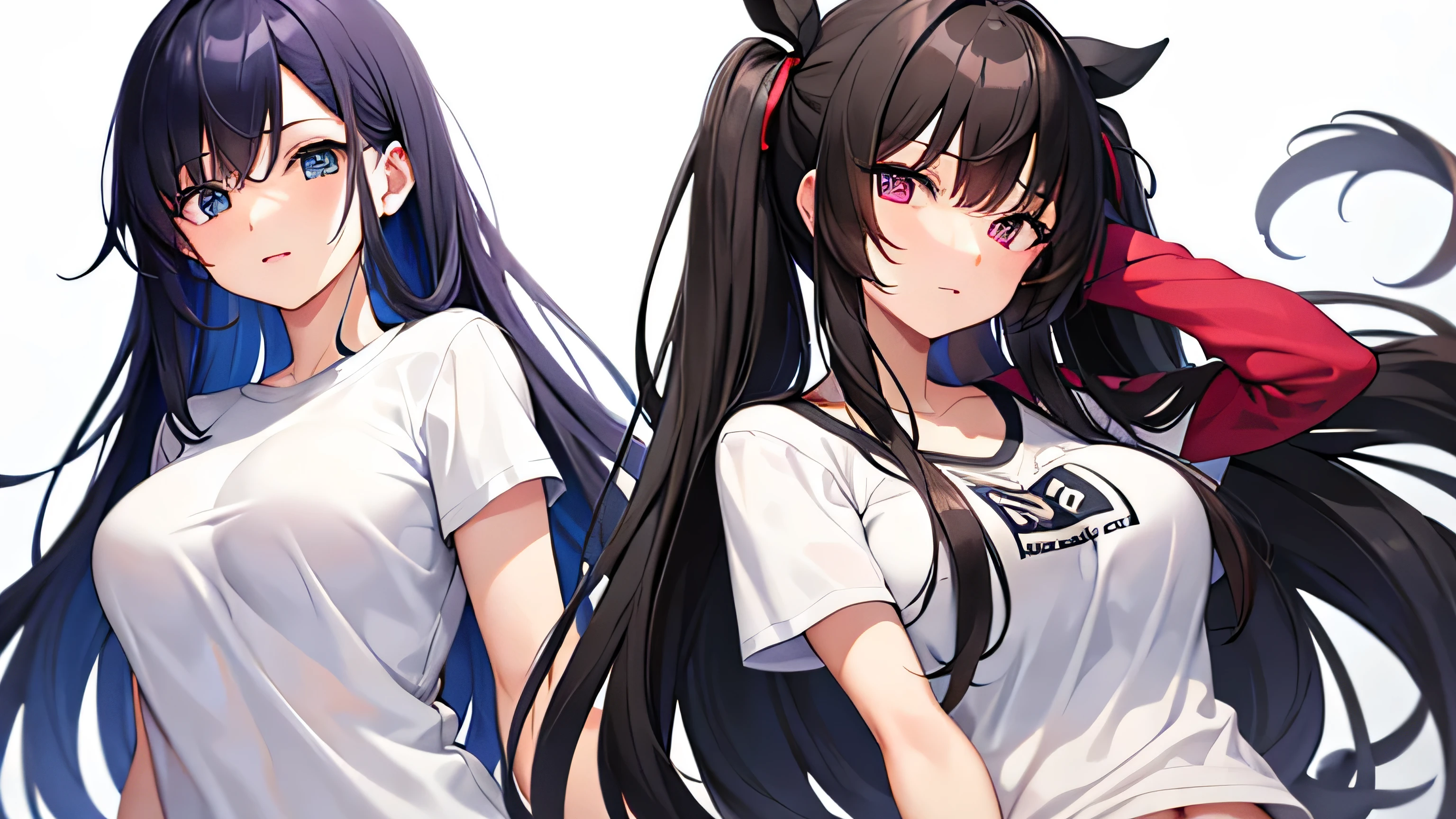 2D、girl、white t-shirt、big breasts、black hair、long hair、twin tails