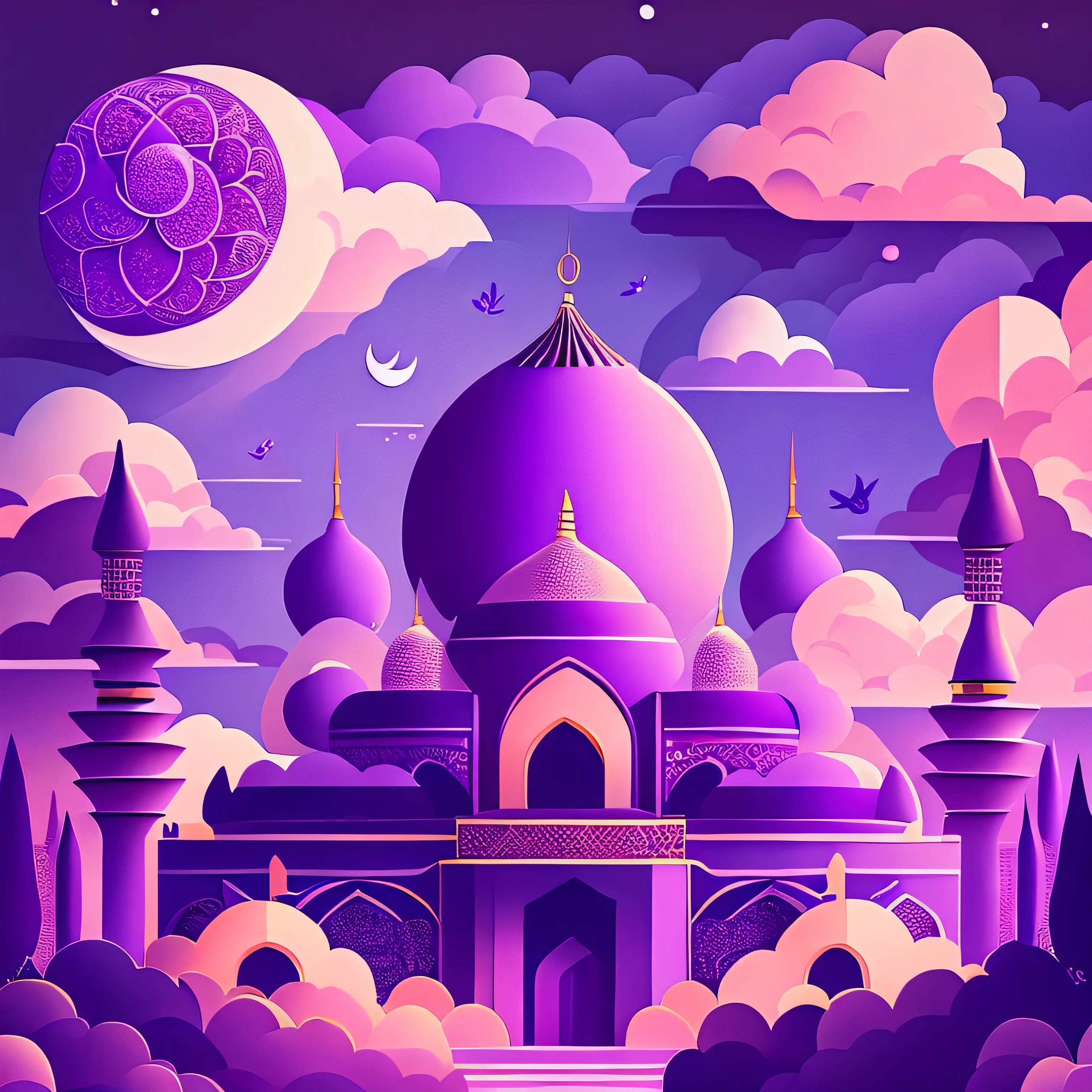 Art commercial illustration,modern mosque, islamic decoration around mosque, Mid-Autumn Festival themed poster。The background a scene of the moon, The center area of the picture centered and typeset, Clouds and details decoration,Poster design,vectorial art,Best quality,8K,purple tone