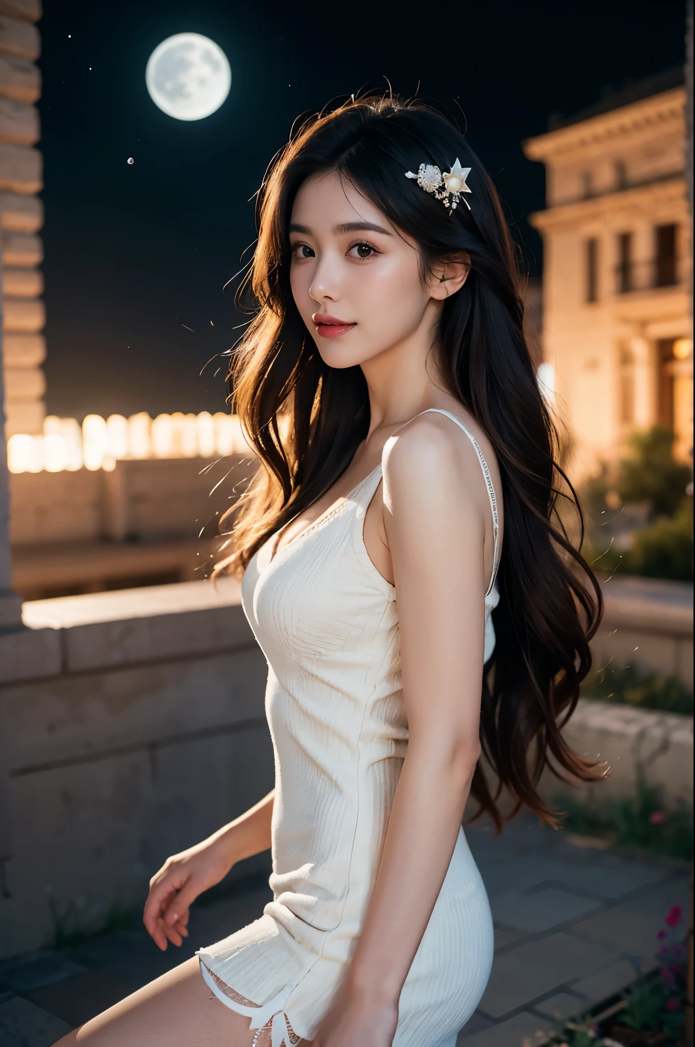 (RAW photo, low photo, best quality, masterpiece:1.3), (realistic, photo realistic:1.2), ultra high res, UHD, high detail color photo, extremely detailed CG unity 8k wallpaper, sharp focus, absurdres, (realistic skin, detailed skin, transparent white glossy skin), best anatomy, (cinematic lighting), glossy lips, 1girl, wavy long hair, hair ornaments, cute face, smile, looking at viewer, 1girl, , illustration, (outdoors, night, stars, moon), black dress, pantyhose, surprised, perfect anatomy. pefect hands., long legs