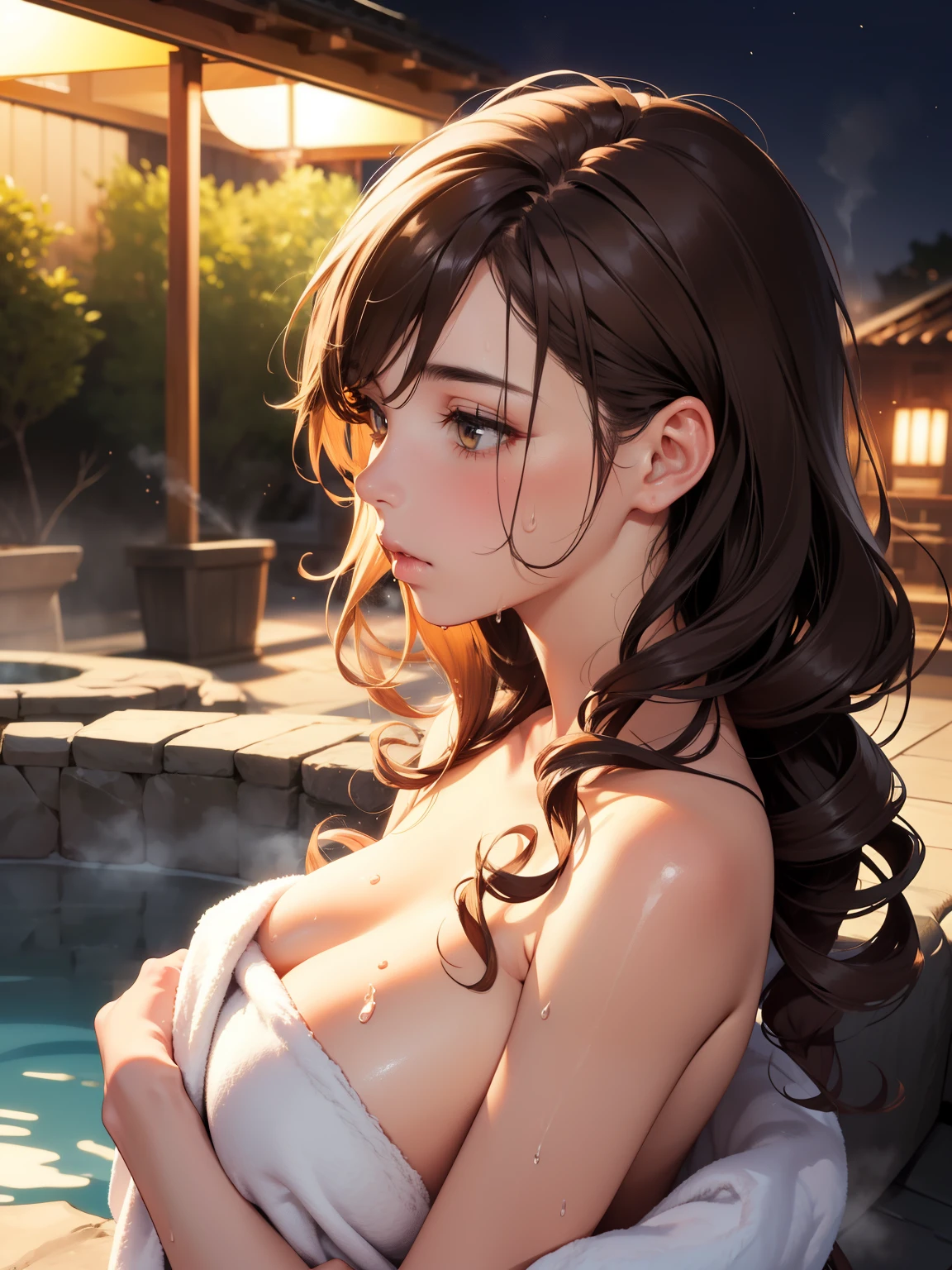 Female lovers kissing naked woman wearing bath towel in Japanese hot spring at night, (SFW) Work, kissing together cutely, Girl Love Art, OPPEIN, Side milk, Slightly saggy big breasts, small breasts, (((Extra long yellow curly hair))), (((Brown shoulder-length straight hair))), (girl love kiss), The mouth is very detailed,  (girl love hug), touch her clothes, (touch her breasts), ((steam:1.2)), ((sweat)), ((wet hair)), SFW version