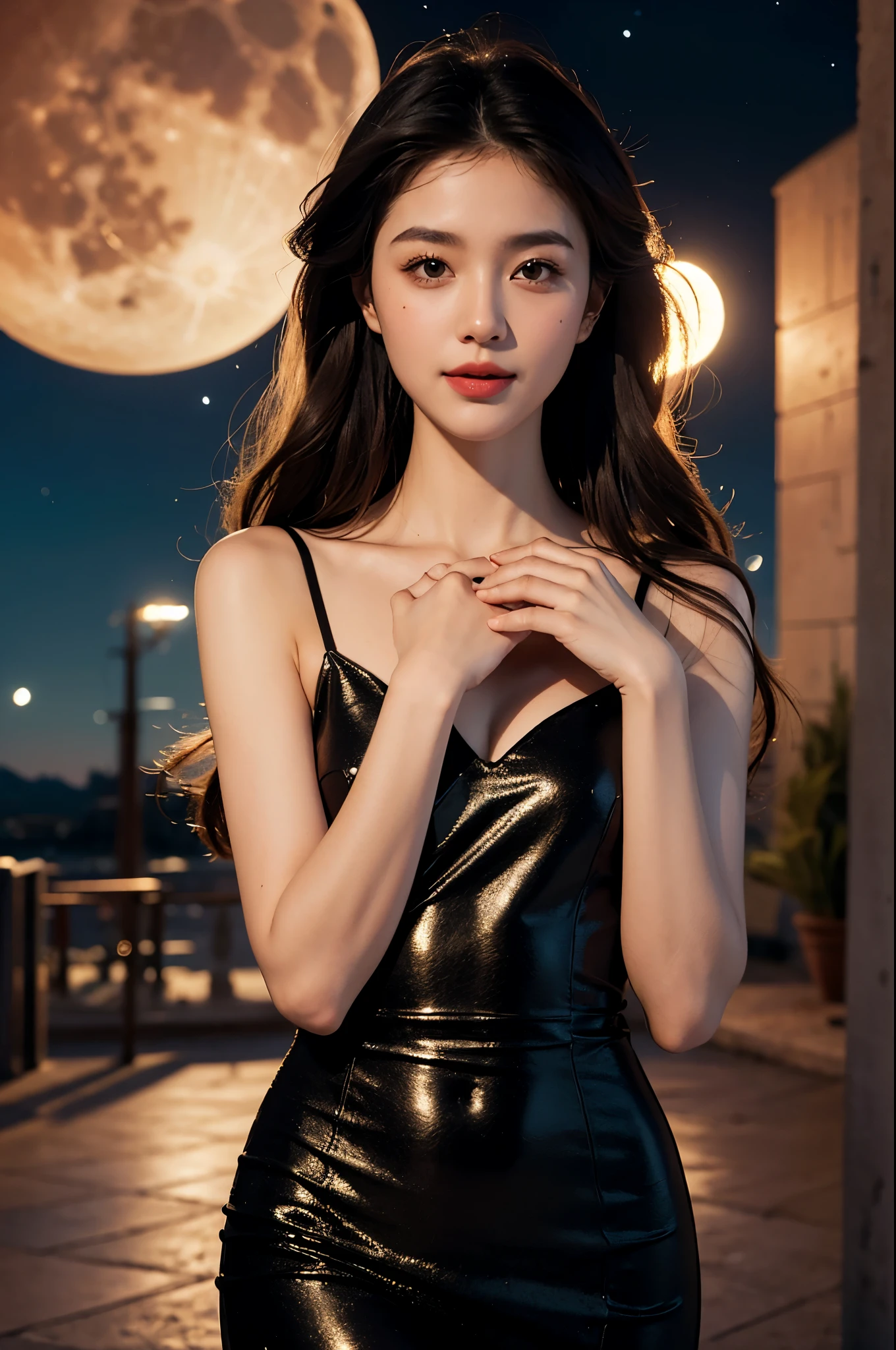 (RAW photo, low photo, best quality, masterpiece:1.3), (realistic, photo realistic:1.2), ultra high res, UHD, high detail color photo, extremely detailed CG unity 8k wallpaper, sharp focus, absurdres, (realistic skin, detailed skin, transparent white glossy skin), best anatomy, (cinematic lighting), glossy lips, 1girl, wavy long hair, hair ornaments, cute face, smile, looking at viewer, 1girl, , illustration, (outdoors, night, stars, moon), black dress, pantyhose, surprised, perfect anatomy. pefect hands., long legs