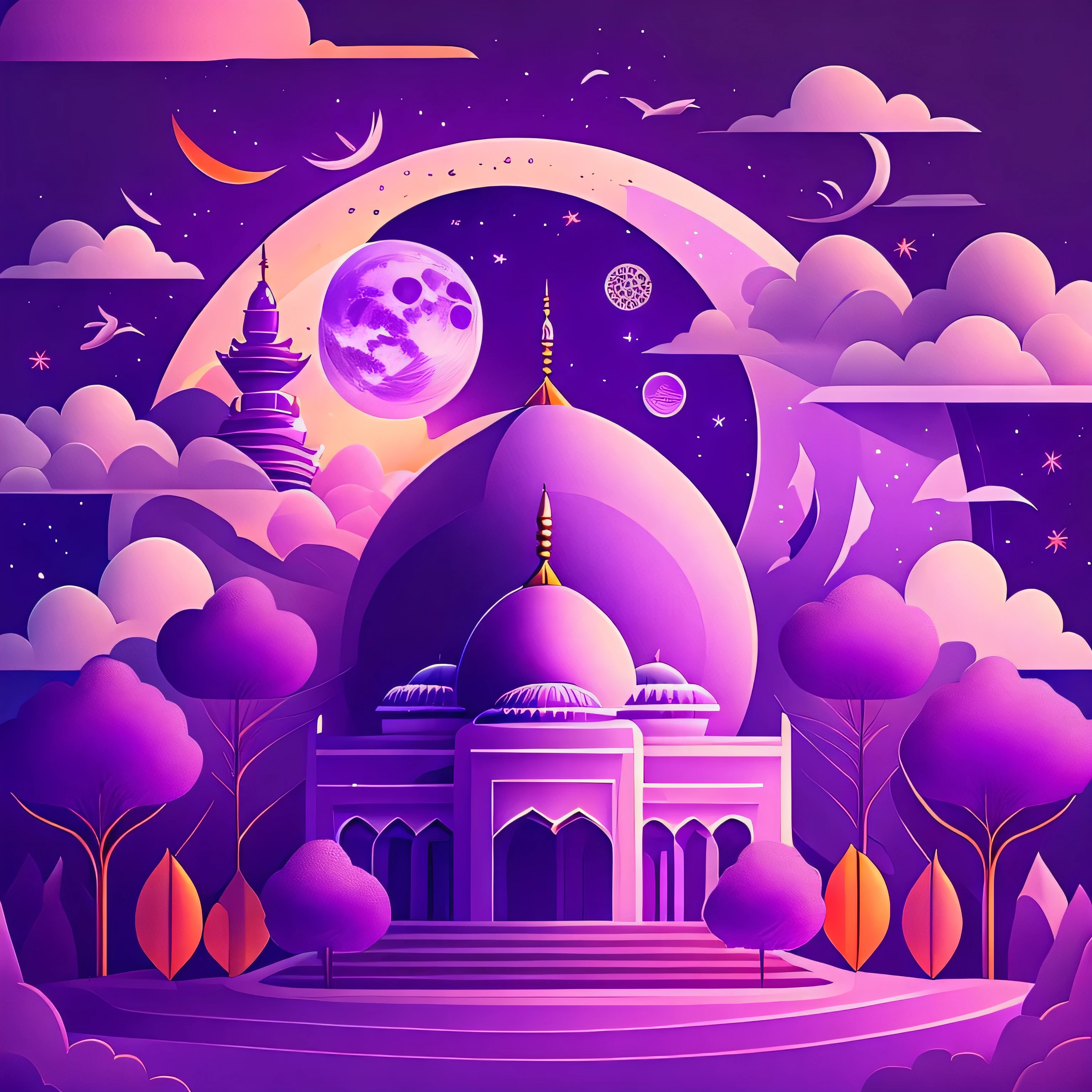 Art commercial illustration,modern mosque, islamic decoration around mosque, Mid-Autumn Festival themed poster。The background a scene of the moon, The center area of the picture centered and typeset, Clouds and details decoration,Poster design,vectorial art,Best quality,8K,purple tone