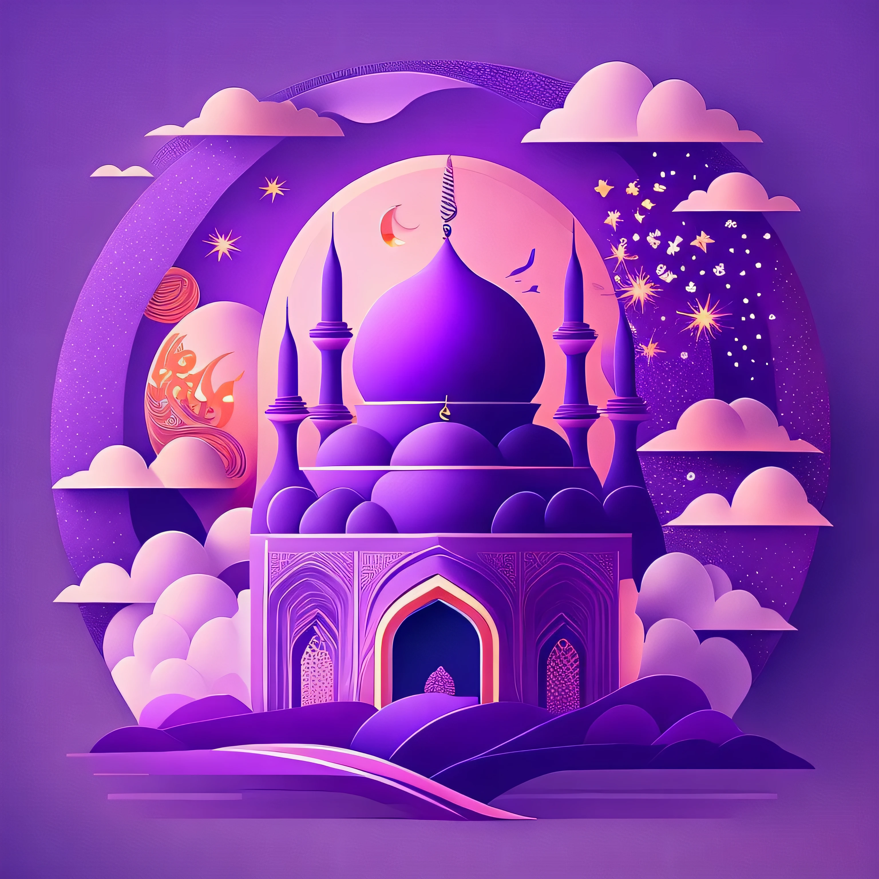 Art commercial illustration,modern mosque, islamic decoration around mosque, Mid-Autumn Festival themed poster。The background a scene of the moon, The center area of the picture centered and typeset, Clouds and details decoration,Poster design,vectorial art,Best quality,8K,purple tone