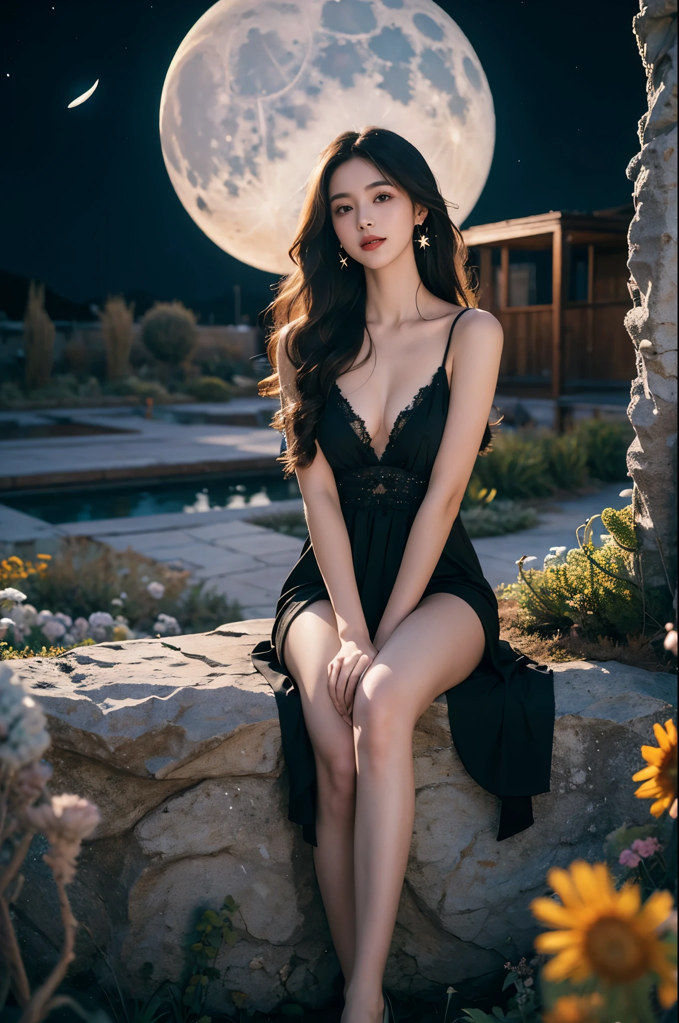 (RAW photo, low photo, best quality, masterpiece:1.3), (realistic, photo realistic:1.2), ultra high res, UHD, high detail color photo, extremely detailed CG unity 8k wallpaper, sharp focus, absurdres, (realistic skin, detailed skin, transparent white glossy skin), best anatomy, (cinematic lighting), glossy lips, 1girl, wavy long hair, hair ornaments, cute face, smile, looking at viewer, 1girl, , illustration, (outdoors, night, stars, moon), black dress, pantyhose, surprised, perfect anatomy. pefect hands., long legs