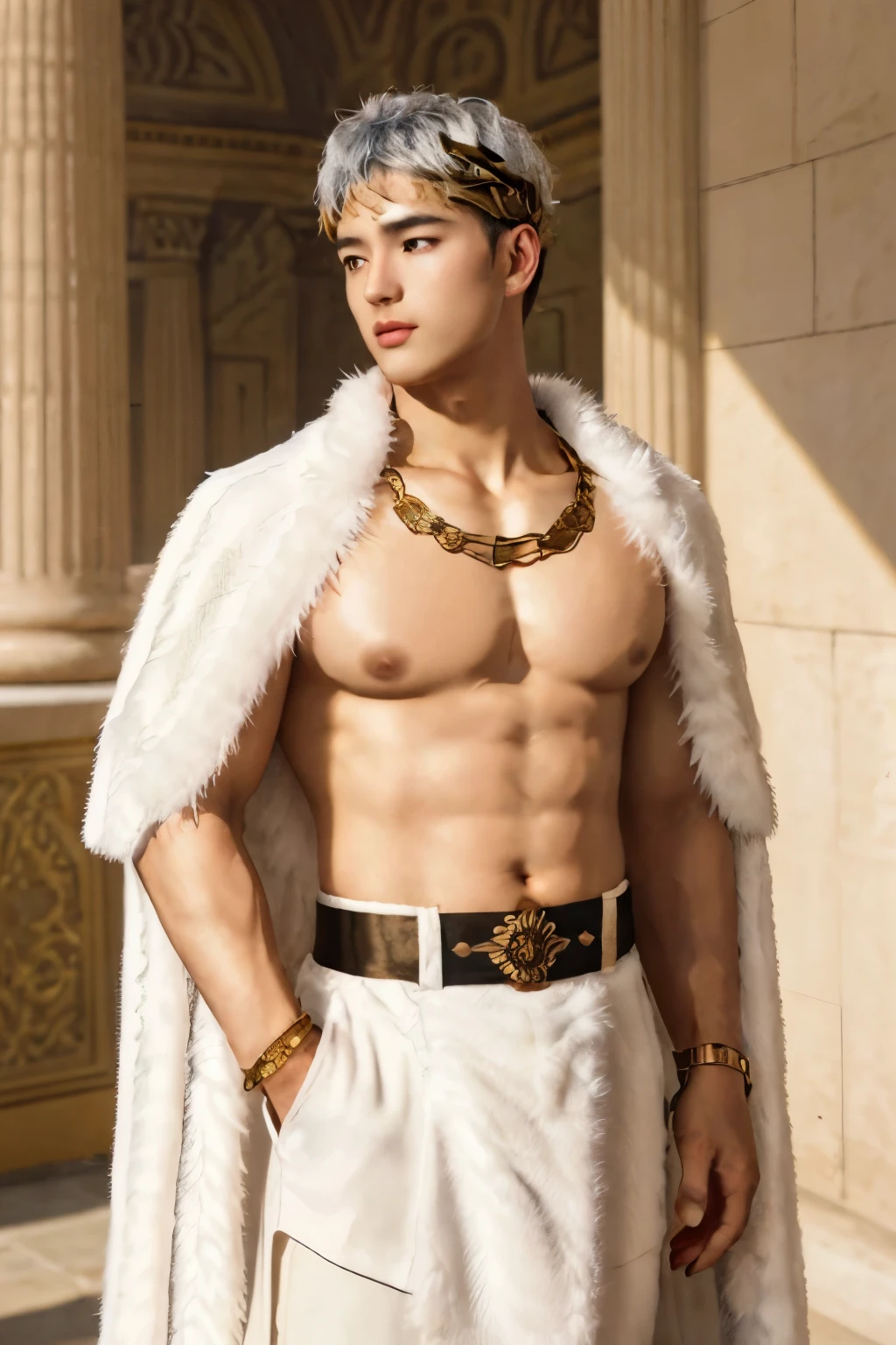 ((sunset)),soft light,classic painting,an emperor of the Ancient Roman Empire,(gold crown),in the Pantheon,
b0ndage,wearing strap,bondage outfit,
contemplative pose,(gazing into the distance),(short white hair),deep tan skin,(fat body),prominent pectorals,invisible obliques,bulge,
ring,jewelry,white fur cape,gold bracelet,white fur trim,gold chain,
intricate historical patterns,light and shadow across his body,building with arched openings on background,statuesque male,masterpiece,best quality,depth of field,