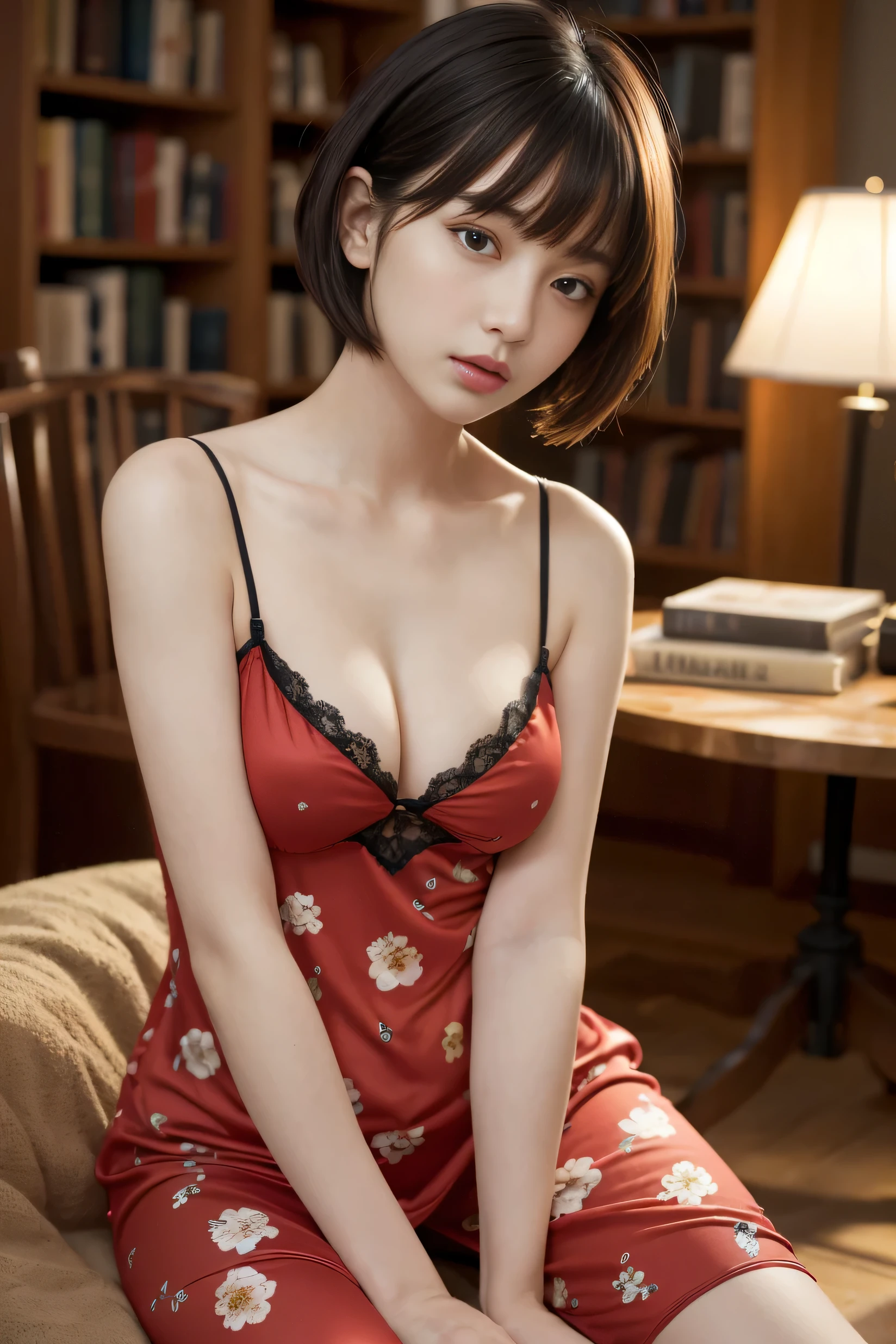 (highest quality, High resolution, Super detailed:1.2), (realistic, photorealistic, photo-realistic:1.37), (thin:1.2), because I'thin, small breasts, woman, Japanese,(black pixie cut:1.3), (dull bangs), Immerse yourself in a world of dark tones, Moody,sexy pose, shot from below, (skinny:1.1),Add irregular prints and patterns, Highlights of Comme des Garçons(floral red nightgown:1.2),model pose,library,Sit down and read a book