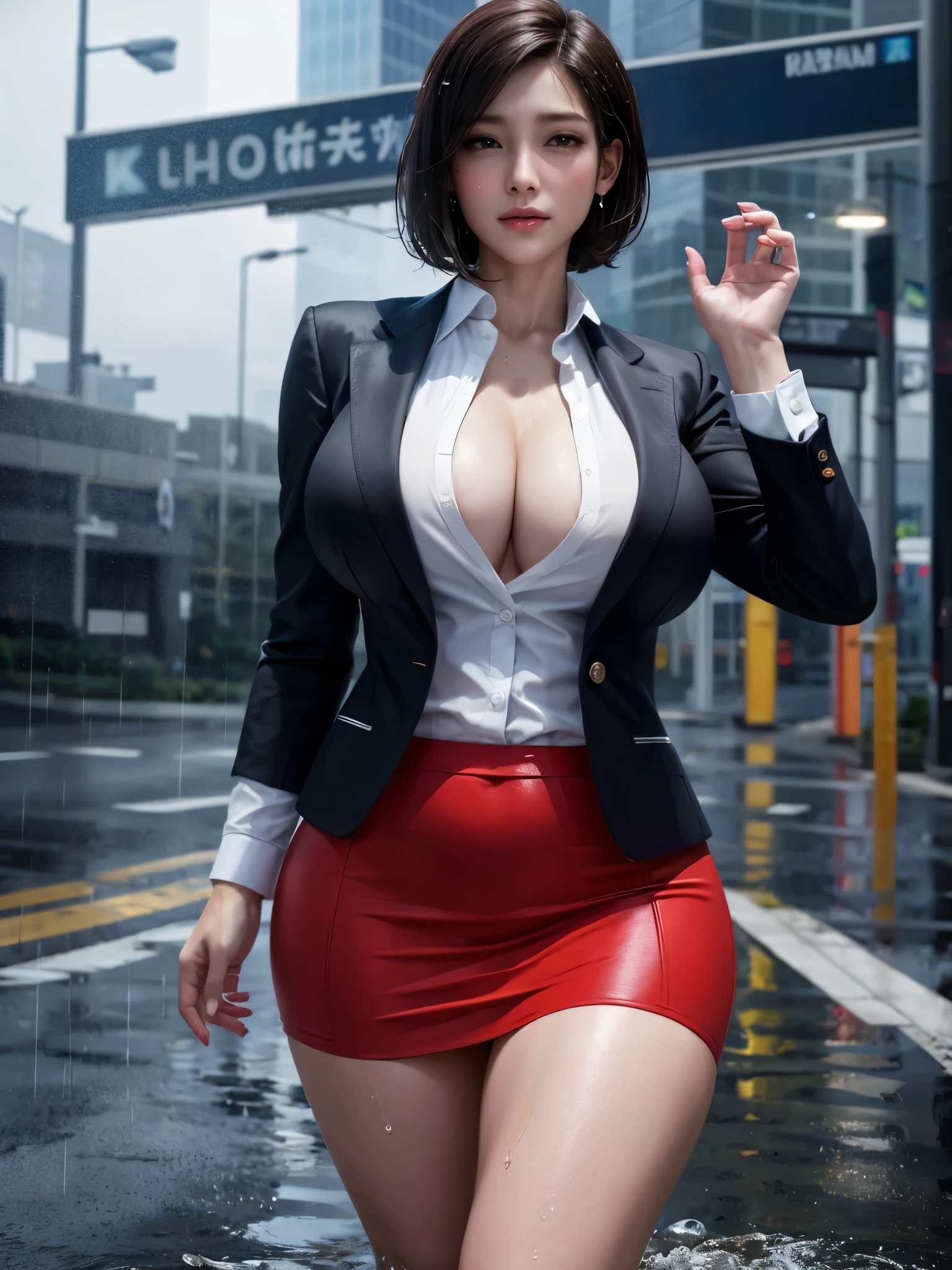 4k, best quality, realistic, detailed, A female news anchor is reporting the weather while soaked by heavy rain. Her shirt is soaked, revealing her enormous sagging breasts and a slight glimpse of her nipples. She has the perfect proportions. She is holding her business suit jacket in her hands. Her hair is soaking wet. It's raining. Rain is hitting the road and splashing water. She is wearing the tight skirt of her business suit, which is soaking wet.