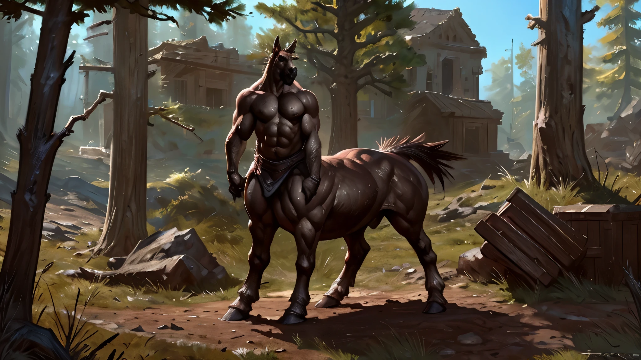 (by zeforge), (by Taran Fiddler), (by trogan), a male centaur with big balls and a heavy horse cock having an orgasm.