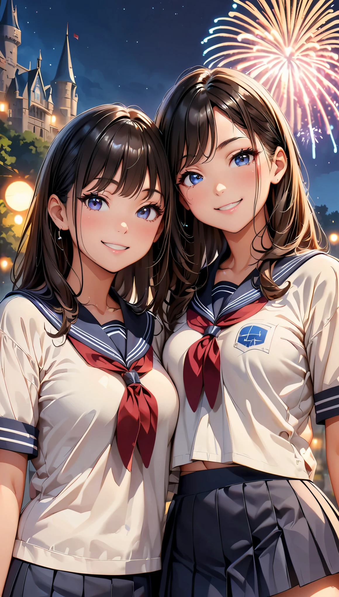 (highest quality, 4k, 8k, High resolution, masterpiece:1.2), Super detailed, (anime style, photorealistic:1.37), (Theme park scenery), two women, (Super detailedな顔, lip details, detailed eyes), double eyelid, (17 years old, , blue pleated skirt, mini skirt), Photographed in front of the castle, ((smile, Low angle shooting:1.2)), night time, Large fireworks, professional lighting, photon mapping, Physically based rendering, shiny skin, (perfect fingers, five fingers, anatomically correct), background bokeh, 135㎜, f/2.8, photo shoot,