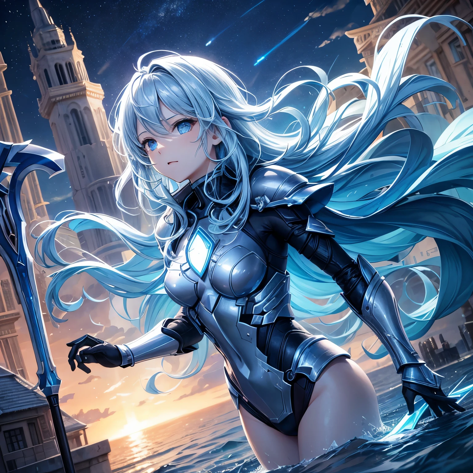 HD, Sky, cloud, Spear weapons, luminescent, state of the art, architecture, luminescent eyes, state of the art机械, Science fiction, City, true, Blue host armor, The core is in the chest,Like Poseidon,