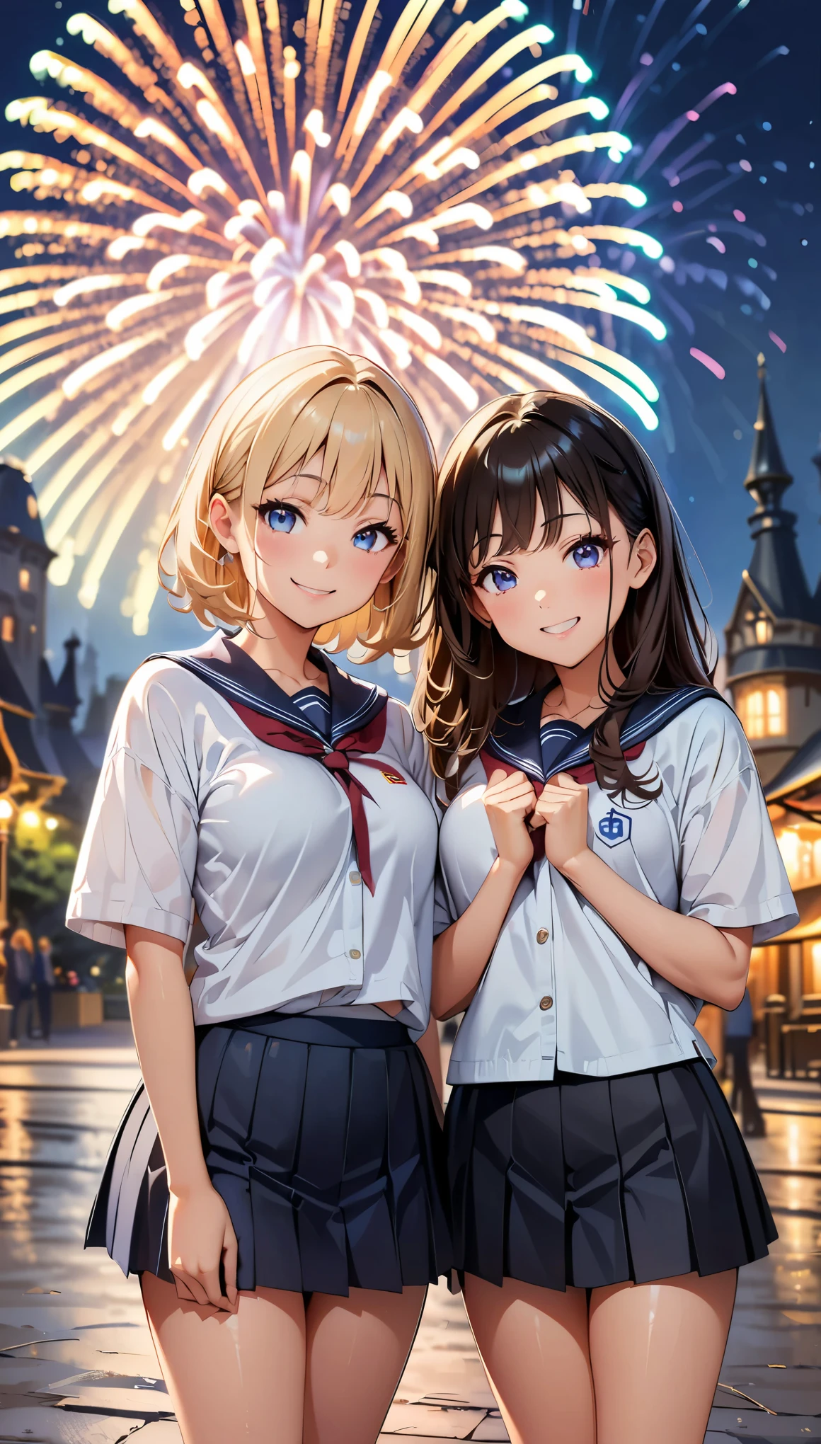 (highest quality, 4k, 8k, High resolution, masterpiece:1.2), Super detailed, (anime style, photorealistic:1.37), (Theme park scenery), two women, (Super detailedな顔, lip details, detailed eyes), double eyelid, (17 years old, , blue pleated skirt, mini skirt), Photographed in front of the castle, ((smile, Low angle shooting:1.2)), night time, Large fireworks, professional lighting, photon mapping, Physically based rendering, shiny skin, (perfect fingers, five fingers, anatomically correct), background bokeh, 135㎜, f/2.8, photo shoot,
