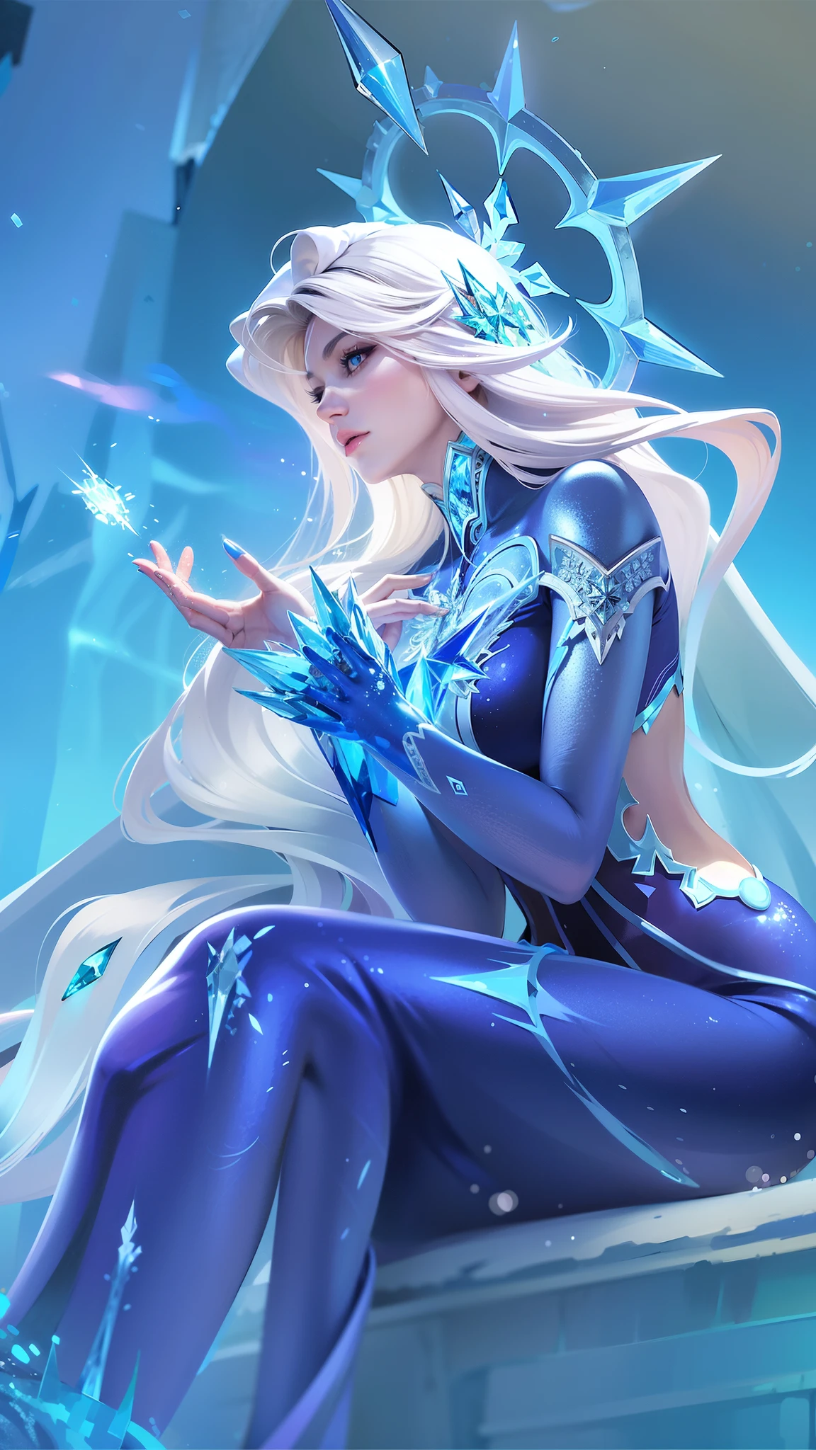 anime - style illustration of a woman dressed in blue sitting on a ledge, ice sorceress, queen of ice and storm, ice mage, crystalline skin, ice queen, ig model | artgerm, ice spell, beautiful celestial mage, beautiful ancient frost witch, extremely detailed artgerm, crystal maiden, elsa, ! dream artgerm, icey
