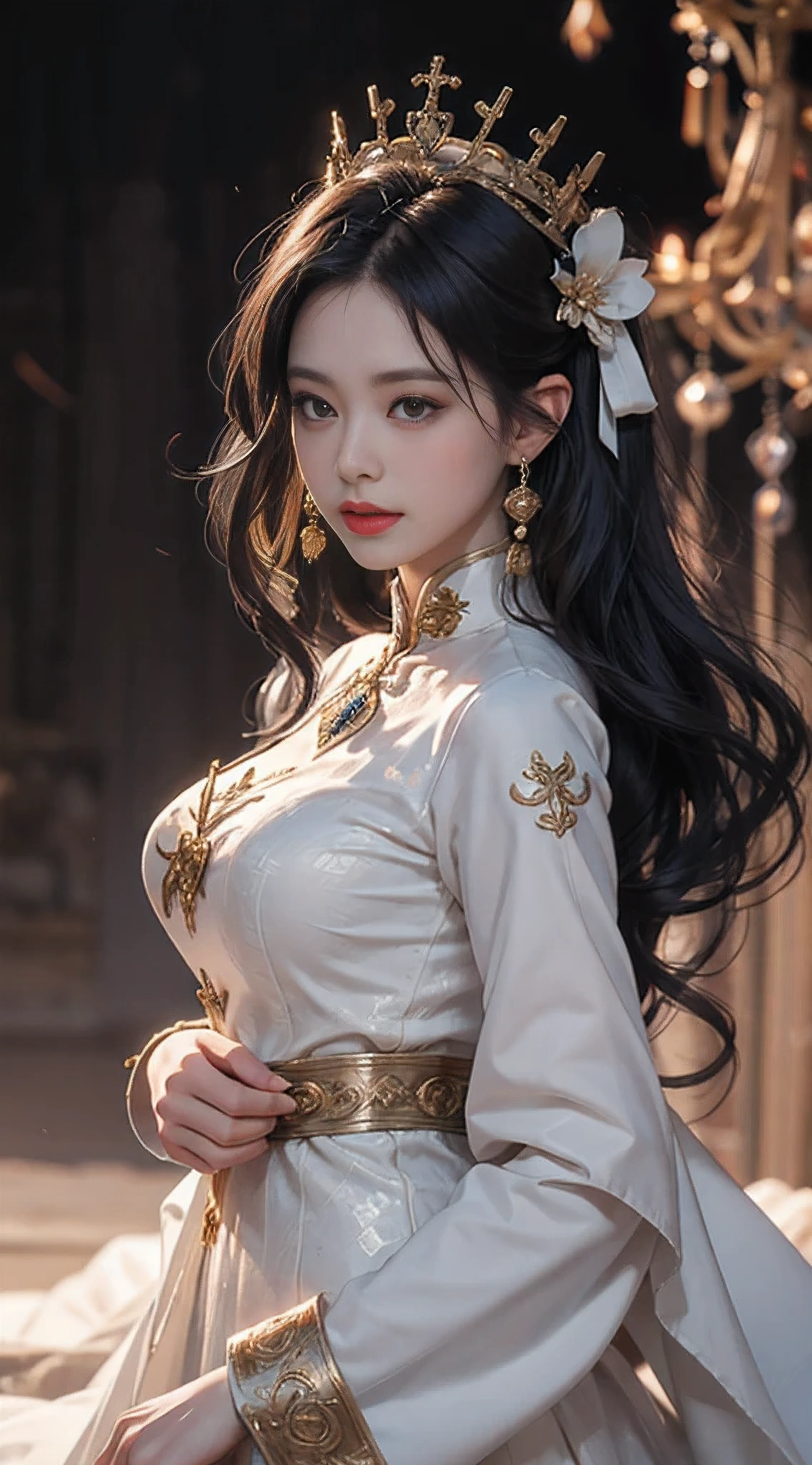Portrait of a milf saint of 28 years old, Saint with a beautiful and super cute face,Wearing a very thin and sexy Ao Dai, Beautiful cute face, There is a deep slit in the chest、Black and white lace trim attractive Ao Dai, Beautiful face without blemish, Lovely smile, ((7 colors of hair length:1.2)), Big Crown, Hair brooch, Hamf Dress, Chinese ancient style, Full Body Jewelry, Tattoo on the forehead, The breasts of the female saint are round、It's so full, Breast augmentation surgery, Innocent face, The most beautiful and detailed pale red lipstick, ((thin plump lips:0.3)), Delicate pink and white eyes (White and detailed) Cinematic, Light and Darkness, Dramatic Lighting, magical light, Highly detailed light, True Color, Super sharp, Realistic, The 8k quality, Fantasy universe background, Saints and magical spaces, The most detailed image, Solo, saints, ((See the saint's upper body directly:0.4)), ((Smooth skin:0.5)),