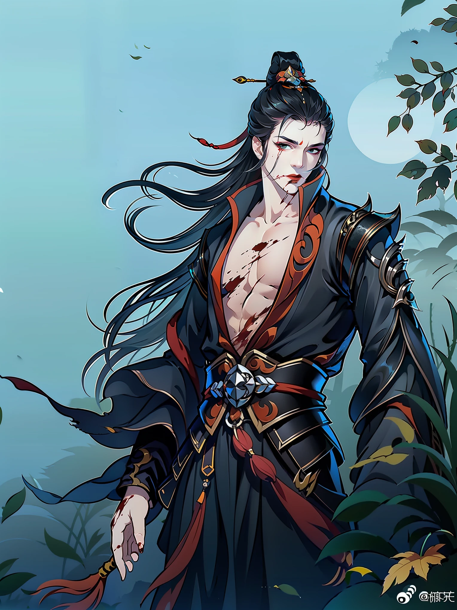 （masterpiece，super detailed，high清详情，high度细致的艺术）1 man，Injuried，blood stains，battlefield，Fog surrounds，Close-up foggy，alone，long hair，Show chest，Embarrassed，torn clothes，dead leaves，hanfu，来自东亚的high度详细的角色设计，Game character costume design，超high分辨率, sharp focus, epic work, masterpiece, (Very detailed CG unified 8k wallpaper)，Handsome face，Sharp eyes，high