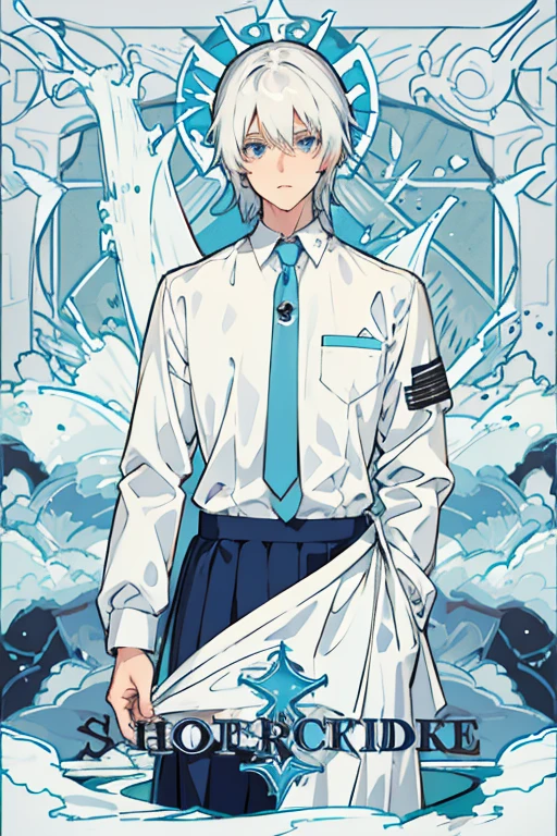 male high school student，white hair，light blue eyes，white shirt，Very handsome