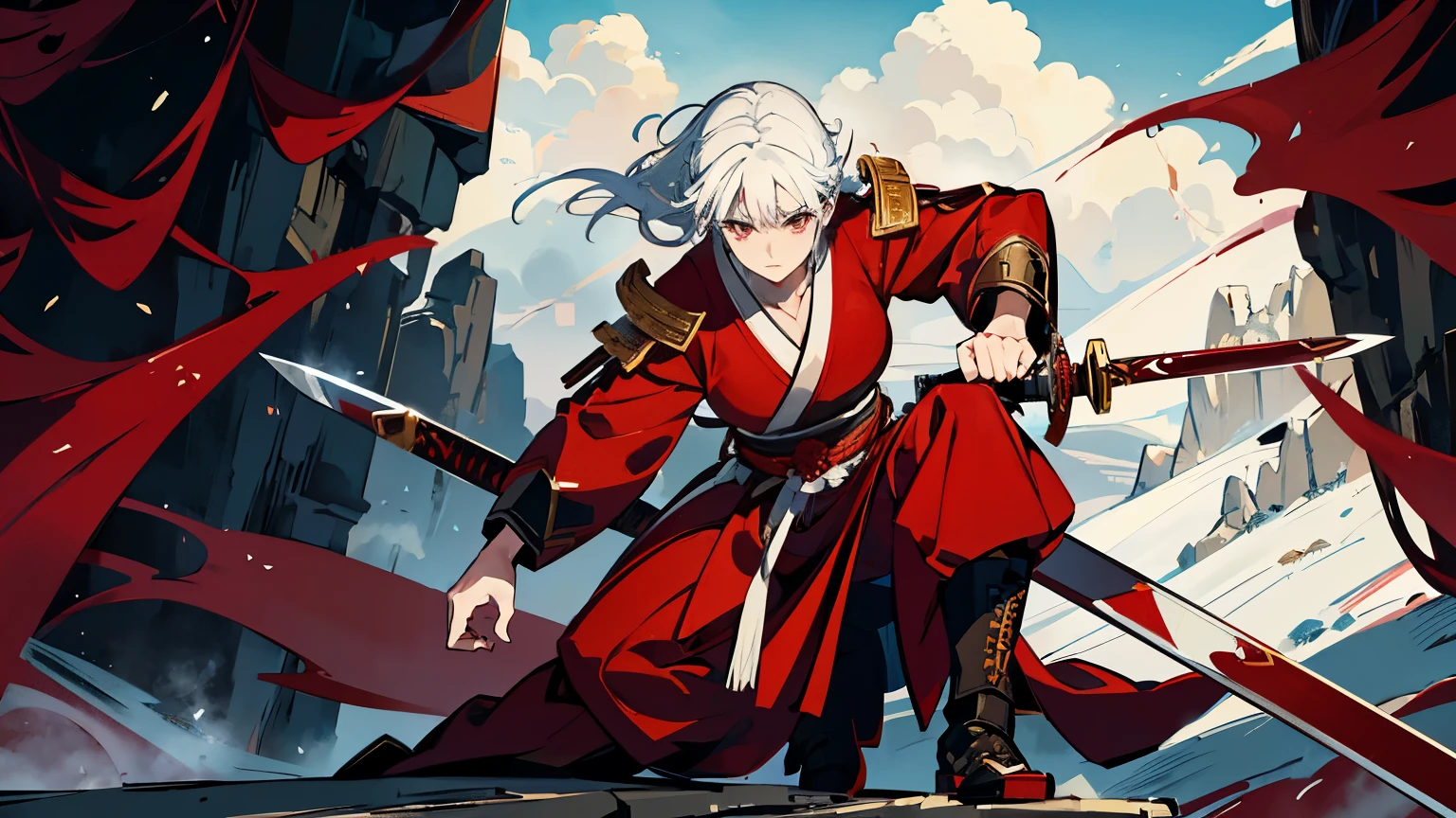 Close-up of a handsome martial arts girl wearing red Hanfu,white hair,Exquisite facial features,Holding a long sword in hand,Standing on the top of the mountain,Standing posture is domineering,Behind the clouds and mist,Sunshine,Girl solo,Look up ahead,Face towards the audience,Serious and arrogant look,Eyes of contempt,high quality