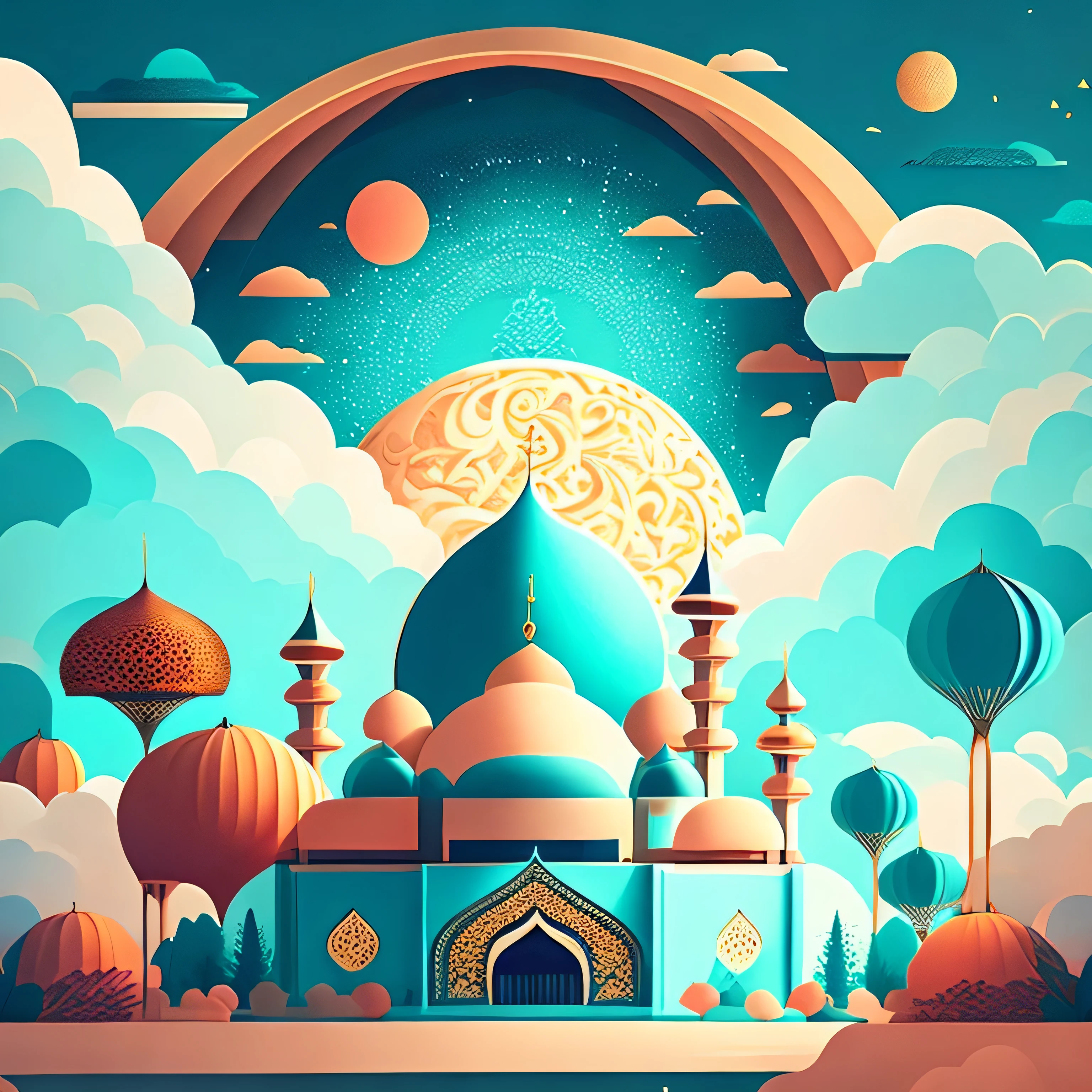 Art commercial illustration,modern mosque, islamic decoration around mosque, Mid-Autumn Festival themed poster。The background a scene of the moon, The center area of the picture centered and typeset, Clouds and details decoration,Poster design,vectorial art,Best quality,8K,cyan tone
