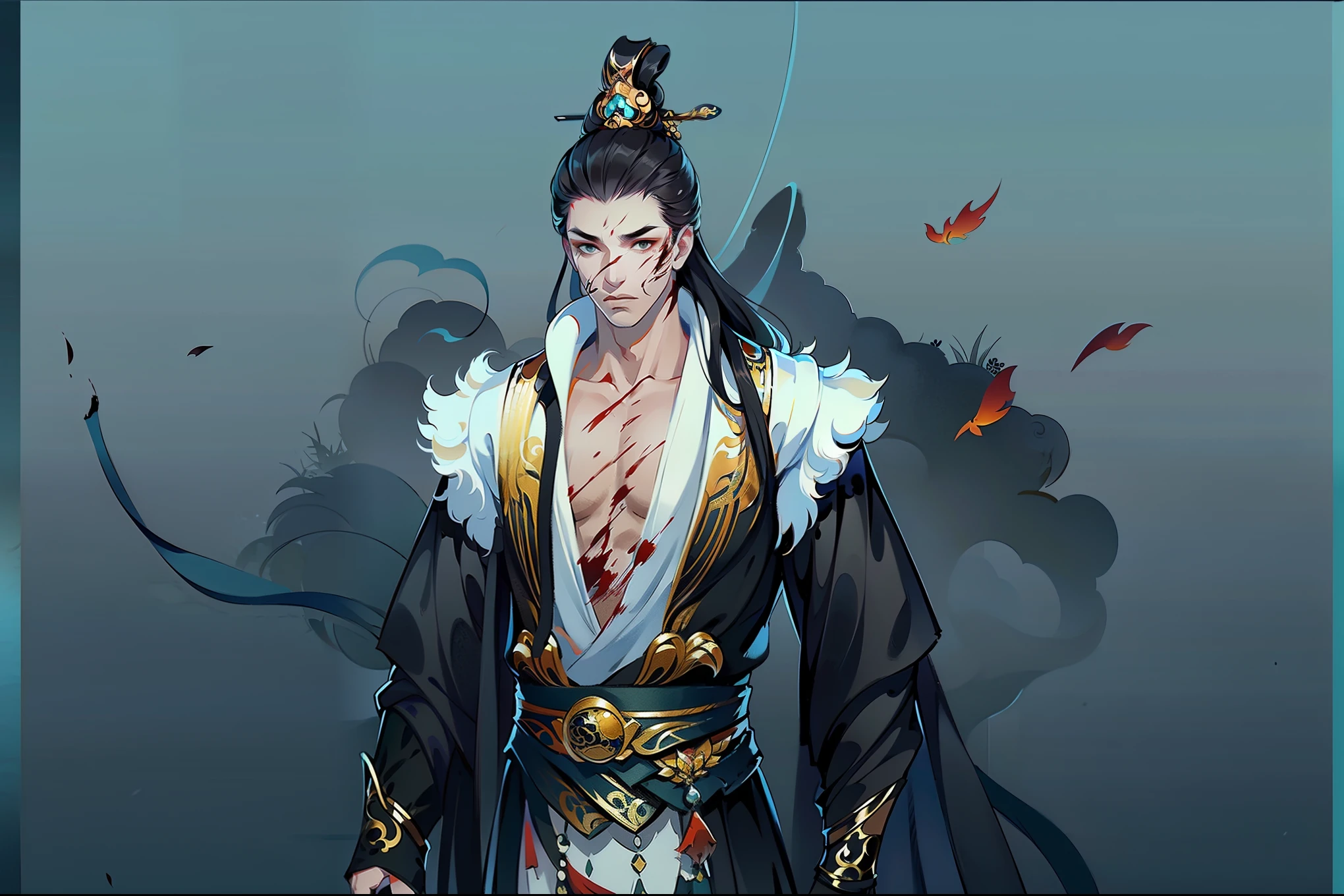 Game Character, East Asian Original Art Character Design, 1boy, Brown Hair, Male Focus, Gradient, Long Hair, Gradient Background, Solo, Gray Background, Hold, Skull, Taoist, Standing, Reel, Torn Clothes, Mask, Wide Sleeves, Flame, Ornament <lora:CG Game charactersV2:1>