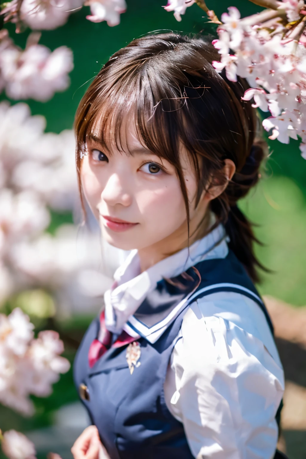 (highest quality,masterpiece:1.3,ultra high resolution),(Super detailed,caustics,8K),(realistic:1.4,RAW shooting),1 girl,(笑顔でcherry blossomsを見上げる),18-year-old,cute,Japanese,Black short ponytail,(school uniform),glamorous,(big boobs),( close),(chest focus),street,cherry blossoms,Natural light,(Lens flare),professional writing,(cowboy shot),(bird'point of view:1.3),(high position:1.4),(high angle:1.4),In underwear