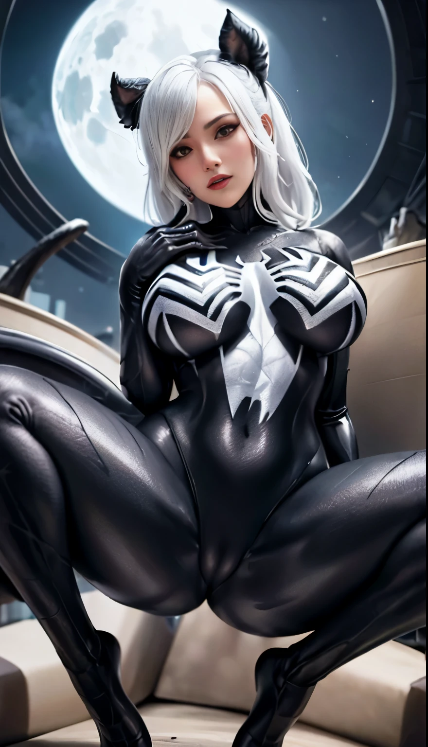 4K,realistically,charming,very detailed,There is a girl in Dingcheng,white hair,Wearing black Spider-Man costume,(black and white:1.4) night,symbiont,poison,lots of mucus,She is a hero,Black superhero theme,in front of the sky,complexion,( spread legs, camel toe,, vulva shape:1.3),(GGcamel toe:1.3),25 years old,Full body female love