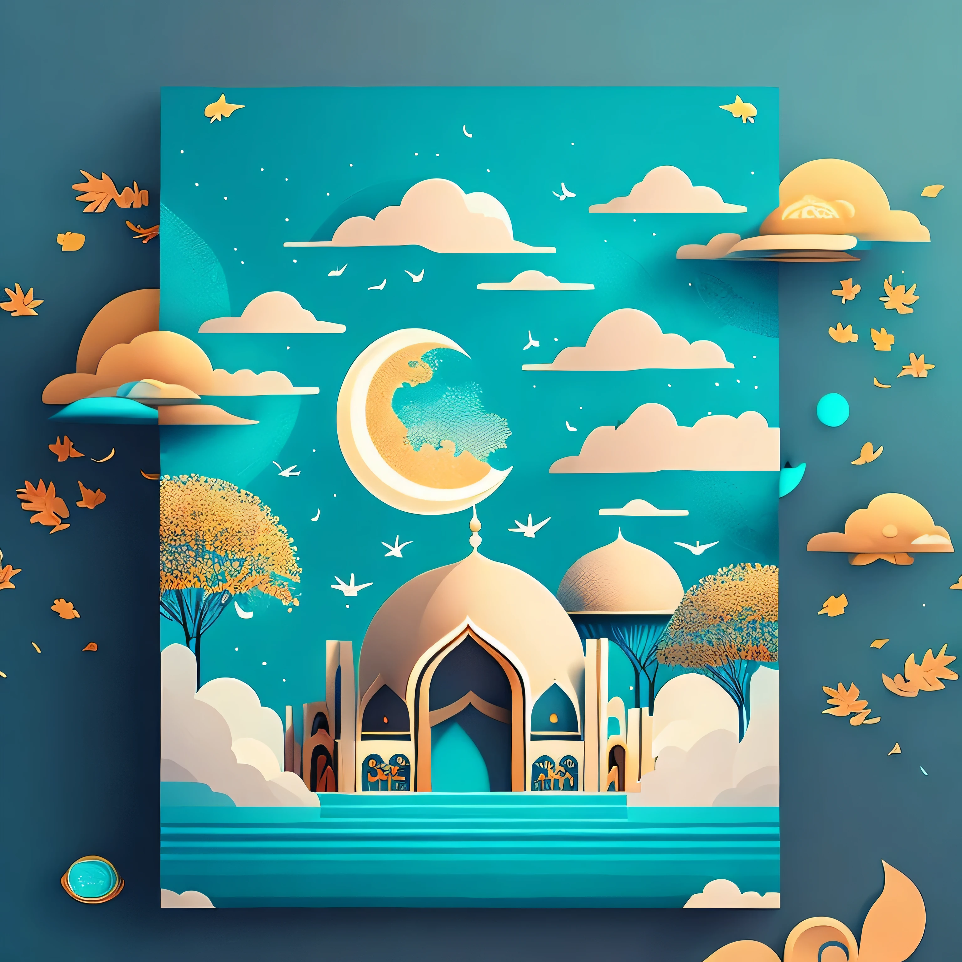 Art commercial illustration,modern mosque, islamic decoration around mosque, Mid-Autumn Festival themed poster。The background a scene of the moon, The center area of the picture centered and typeset, Clouds and details decoration,Poster design,vectorial art,Best quality,8K,cyan tone