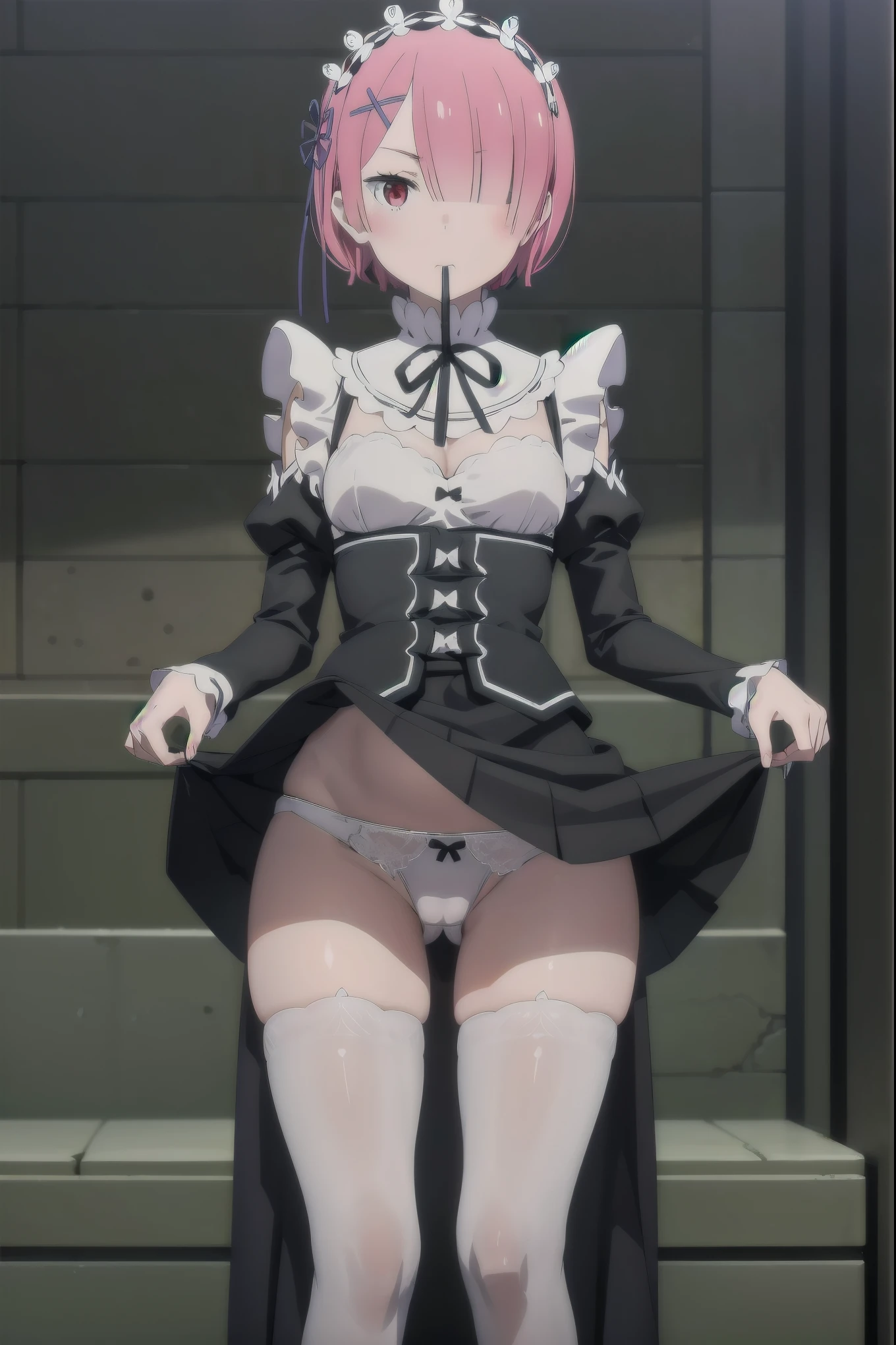 (((Pixel perfect, Perfect details))), alone, 1 girl,  Memory, Roswaal mansion maid uniform, Maid tiara, looking at the audience, Keep your mouth shut，(Skirt lift:1.3), (thongs:1.1),White panties