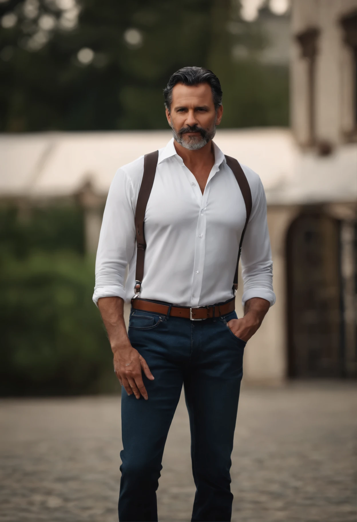 RAW photo of an elegant man, 46 years old, European, dark green eyes, black hair blurred background, full body plane, blue jeans, white shirt, looking at camera, cinematic, small details, photorealistic, ultrarealistic photo, 8k uhd, dslr, soft lighting, high quality, film grain, Fujifilm XT3, (masterpiece),