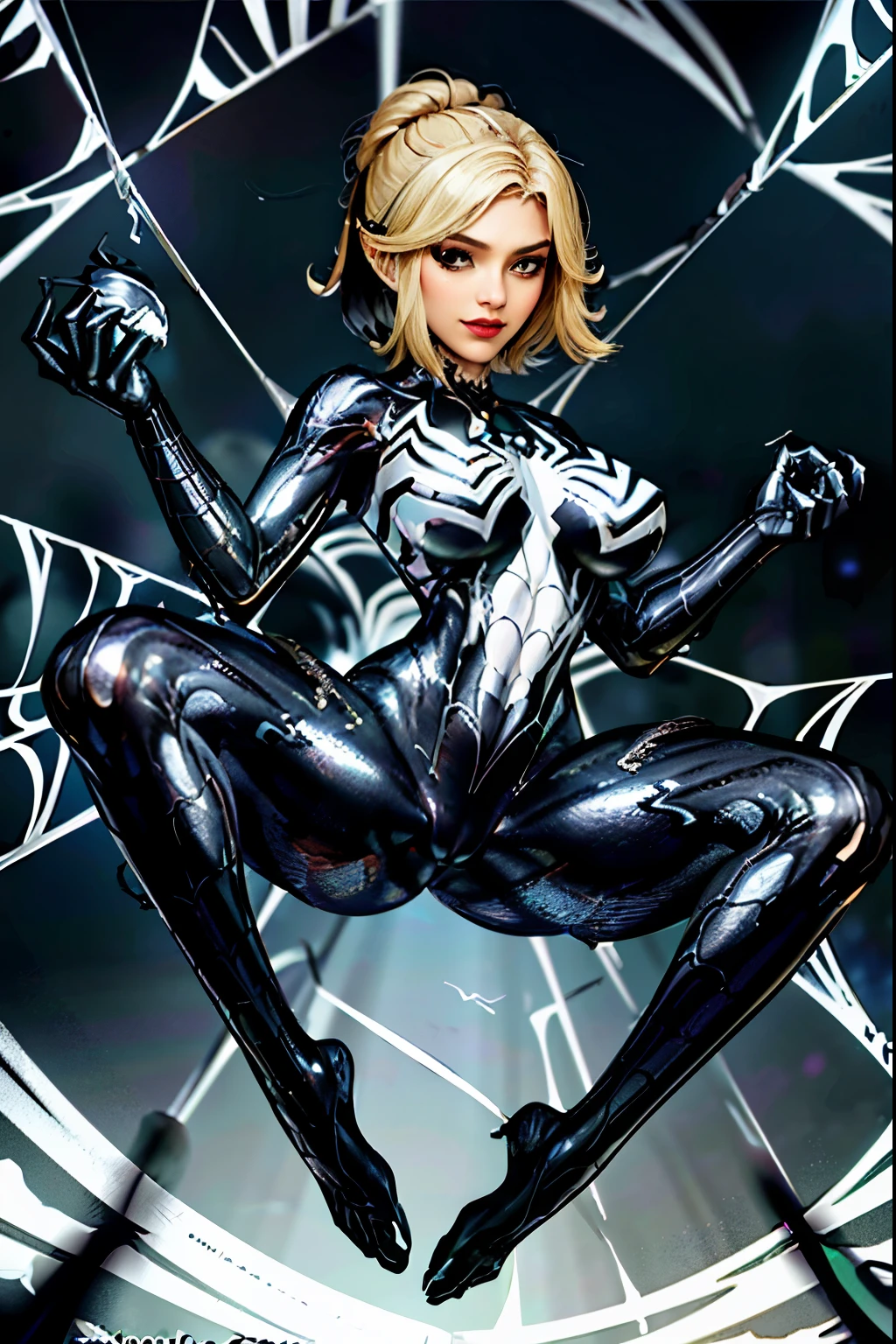 Obra-prima, 8k, realista, good ilumination, terno preto do homem aranha venom com aranha branca no peito, loira))), cabelo comprido, sem corte, rosto bonito, chuva, telhado, obra-prima, detalhes trincados, anatomia perfeita, (((Swinging in the web)))(camel-toe, Vulvar shape:1.2),Full body tights