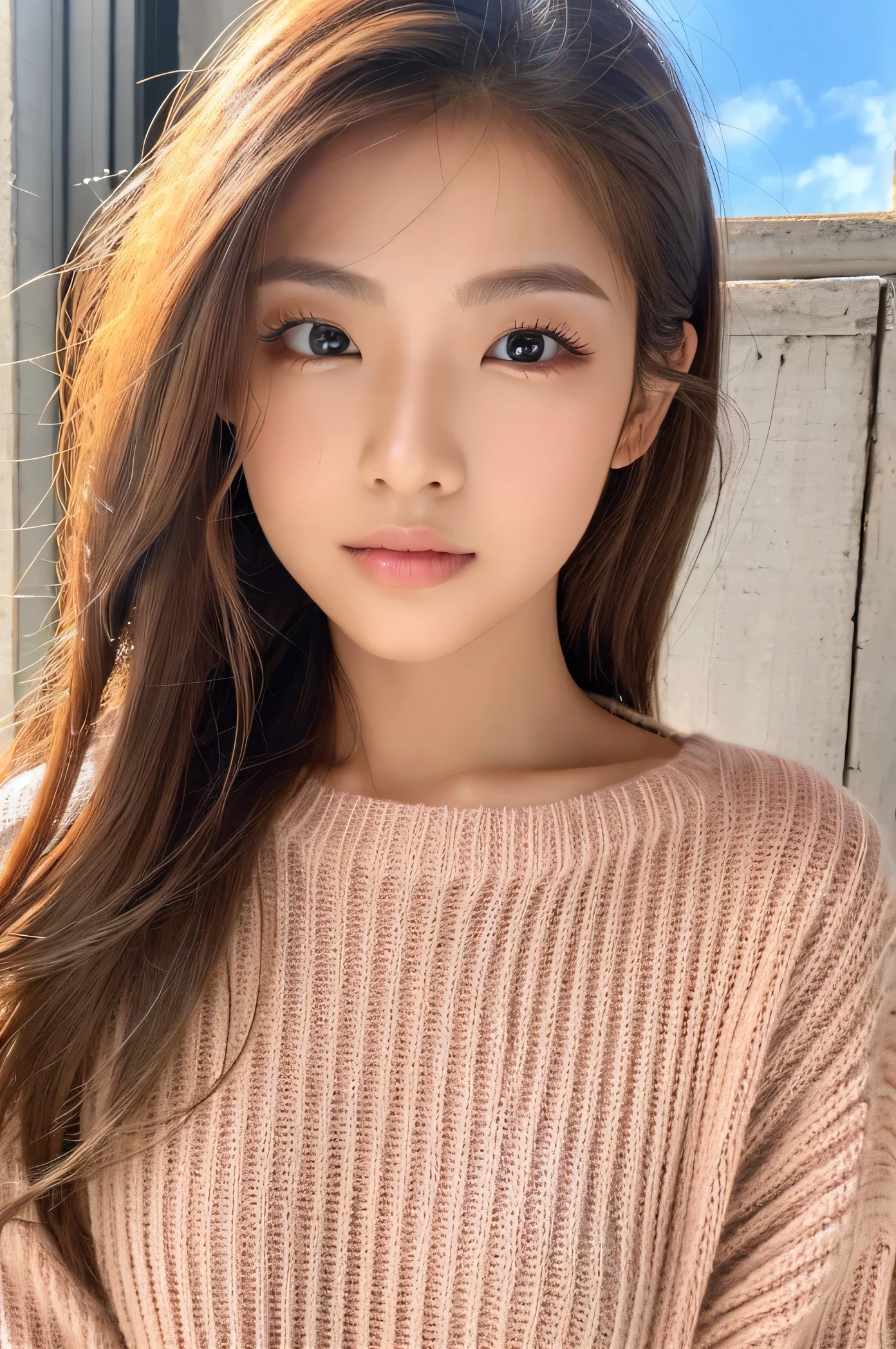 woman、super detailed face、double eyelid, medium hair、No bangs、beautiful hair、clear eyes、knit sweater、Glossy skin, small head、whole body