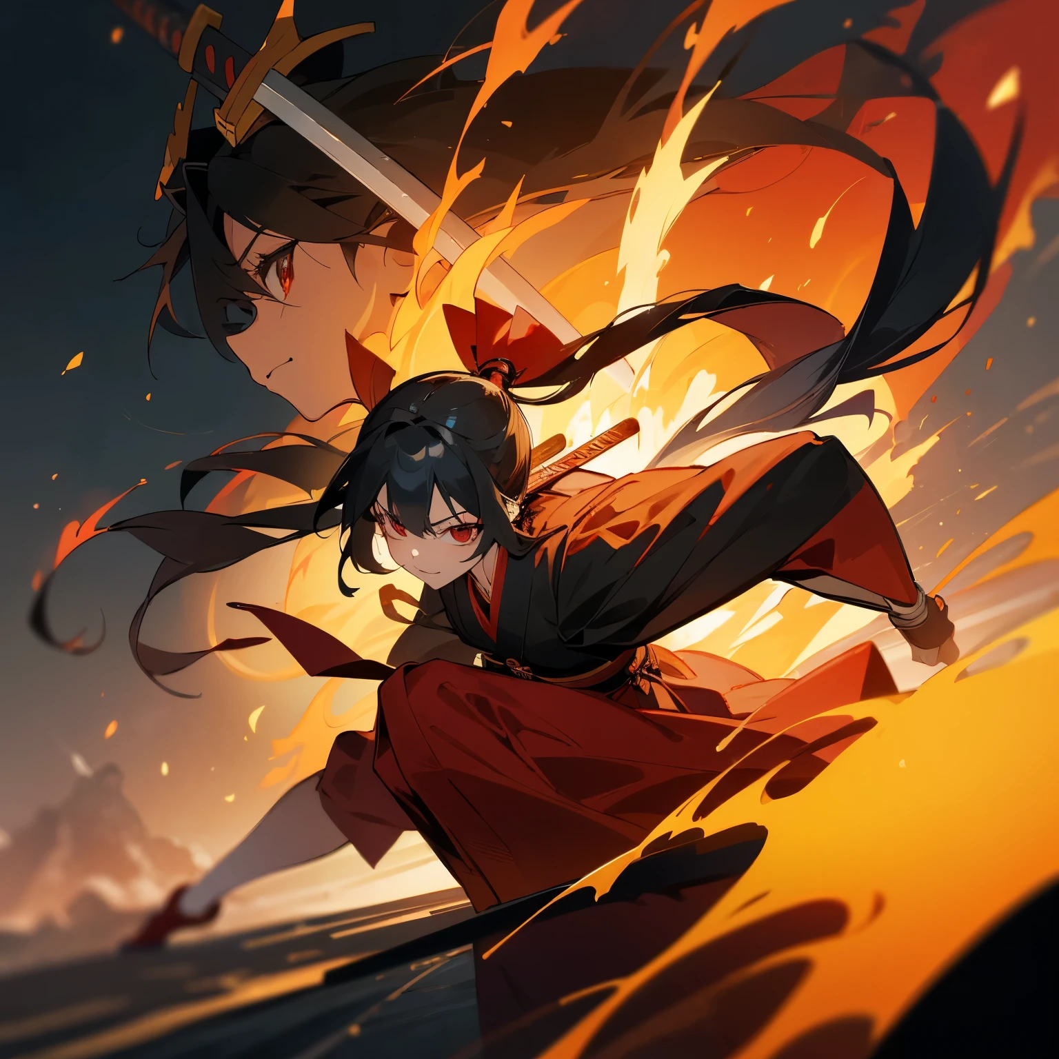 4K，2D，(masterpiece)，one person，Brave Woman，long black hair，Coarse hair，red eyes，dignified face，Red Hakama，black kimono，red collar，anthropomorphic phoenix，Run to the front，looking at the viewer，in the fire，There&#39;s flames all around，(Japanese sword，左手にJapanese swordを持つ，flames from the right hand），Action cartoon-like，floating々atmosphere，night，battle in the wilderness