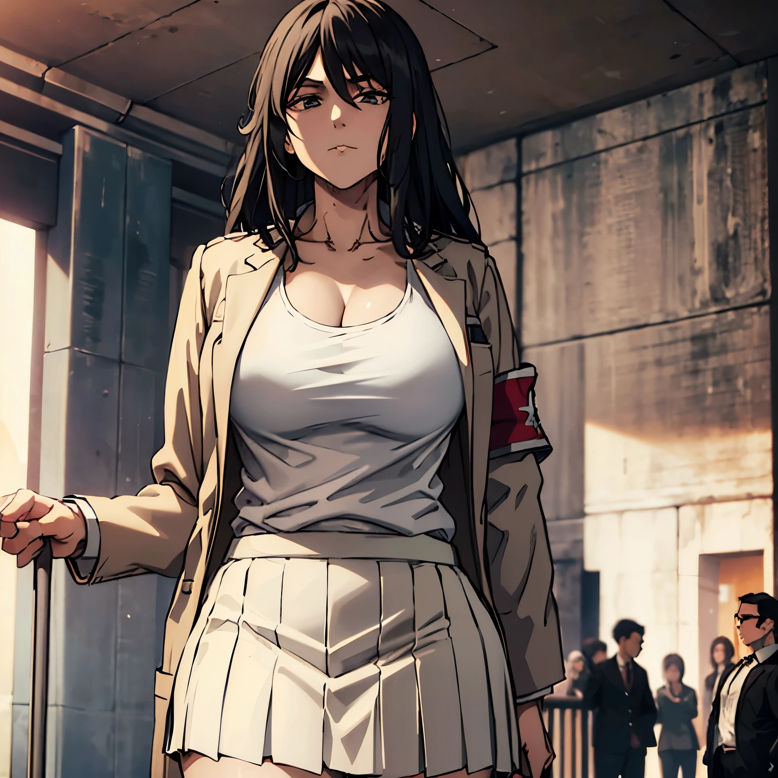 masterpiece, best quality, 1girl,long hair,jacket,open jacket,black tanktop,white skirt,metro,surrounded by people,seductive, , ,big breasts,confident,standing,looking at viewer