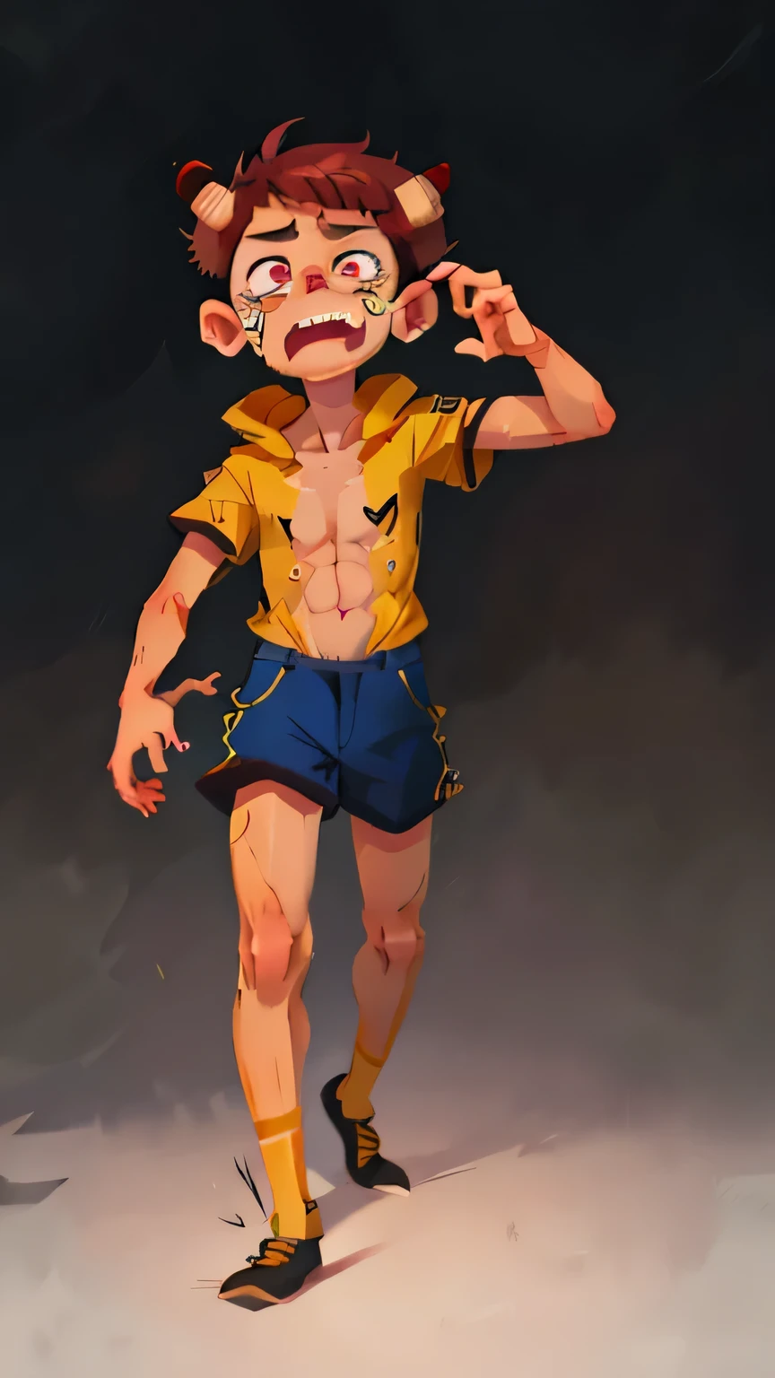 demonic yellow horns, red skin, boy, full body, A face crying after being beaten, no shirt, yellow and black striped shorts, masterpiece, delicate eyes, very delicate and beautiful, Detailed CG, Super detailed,超High resolution,High resolution, 4k, highly detailed eyes and face, Beautiful delicate eyes, perfect lighting, facial light, natural color, Simple white background