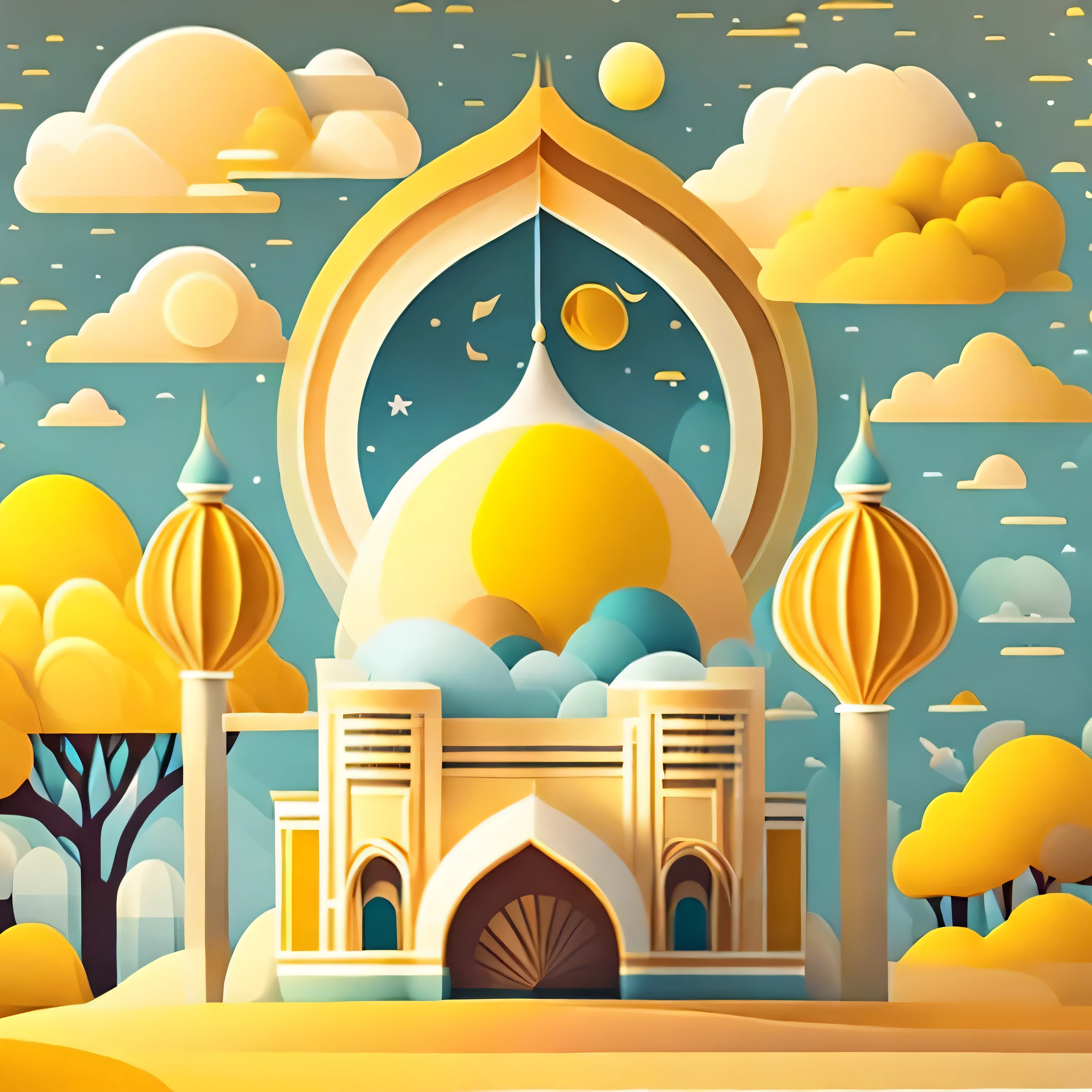 Art commercial illustration,modern mosque, islamic decoration around mosque, Mid-Autumn Festival themed poster。The background a scene of the moon, The center area of the picture centered and typeset, Clouds and details decoration,Poster design,vectorial art,Best quality,8K,yellow tone, perfect object