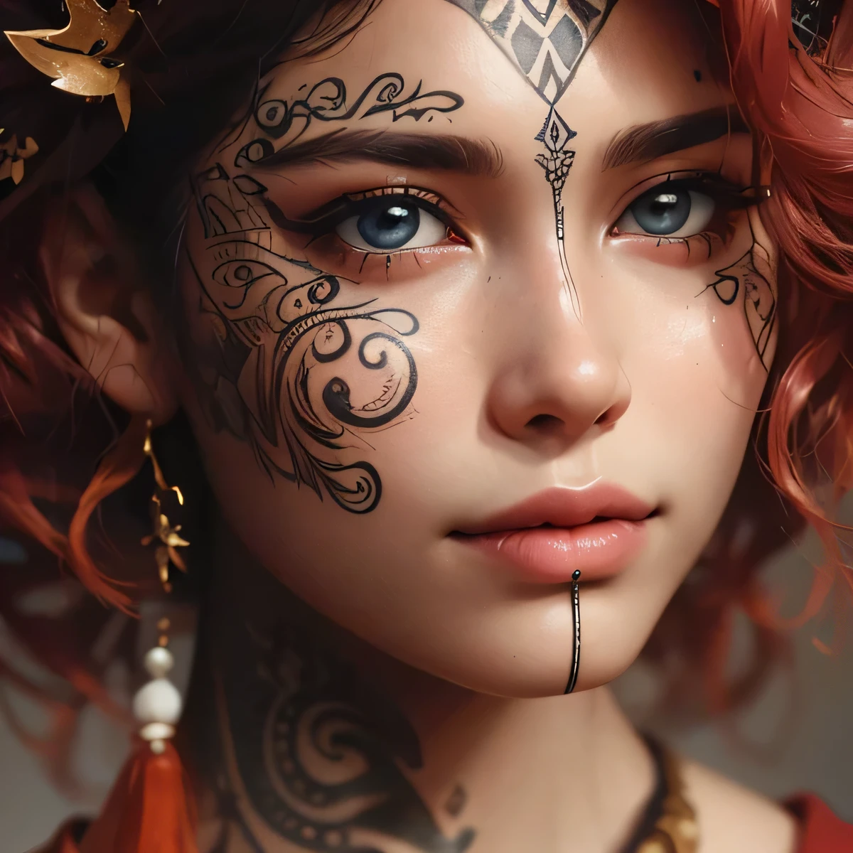 (obra de arte)), ((Melhor qualidade)), ((hiper-detalhado)), (Close extremo:1.4), (vista lateral:1.0), (luar:1.0), (Macro view:1.4) , (Arte CGI), uma imagem de uma jovem mulher, aproximadamente 27 anos de idade, apresentada como uma entidade superior ou deusa de uma cultura tribal. O foco deve ser no rosto, em close-up, captured at a specific oblique angle. Ela tem cabelos ruivos claros, medium length and slightly curly, adorned with delicate tribal-style tattoos that stretch across the face and neck. Furthermore, ela deve ser decorada com ornamentos tribais, como colares, brincos ou coroas, highlighting your divine position. As sobrancelhas devem ser finamente delineadas, e seus olhos devem ser em formato amendoado, na cor castanho claro, expressive and average. His nose is delicate and slightly riveted, com narinas discretas. The lips are pink and slightly plump, exibindo um sorriso gentil e acolhedor, com um brilho sutil nos dentes. Your skin is clear and luminous, with an impeccable, tez naturalmente radiante. The expression on your face is majestic and confident, conveying a sense of power and wisdom, com um olhar direto e envolvente. Por favor, certifique-se de que a imagem gerada capture toda a sua divindade e personalidade cativante, com detalhes precisos e realistas em sua fisionomia, facial expression and tribal adornments.