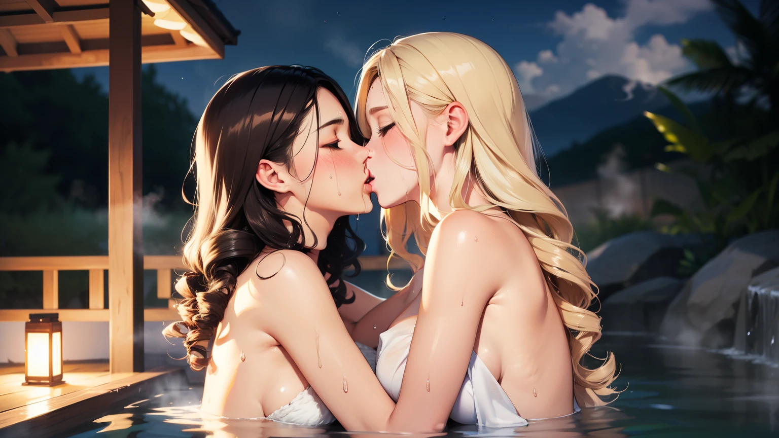 Female lovers kissing naked woman wearing bath towel in Japanese hot spring at night, (SFW) Work, kissing together cutely, Girl Love Art, OPPEIN, Side milk, Slightly saggy big breasts, small breasts, (((Extra long yellow curly hair))), (((Brown shoulder-length straight hair))), (girl love kiss), The mouth is very detailed,  (girl love hug), touch her clothes, (touch her breasts), ((steam:1.2)), ((sweat)), ((wet hair)), SFW version