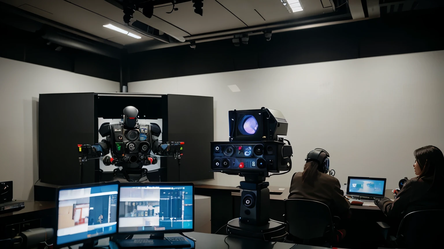 The way robots shoot with people in broadcasting studios, a lot of broadcasting equipment, realistically