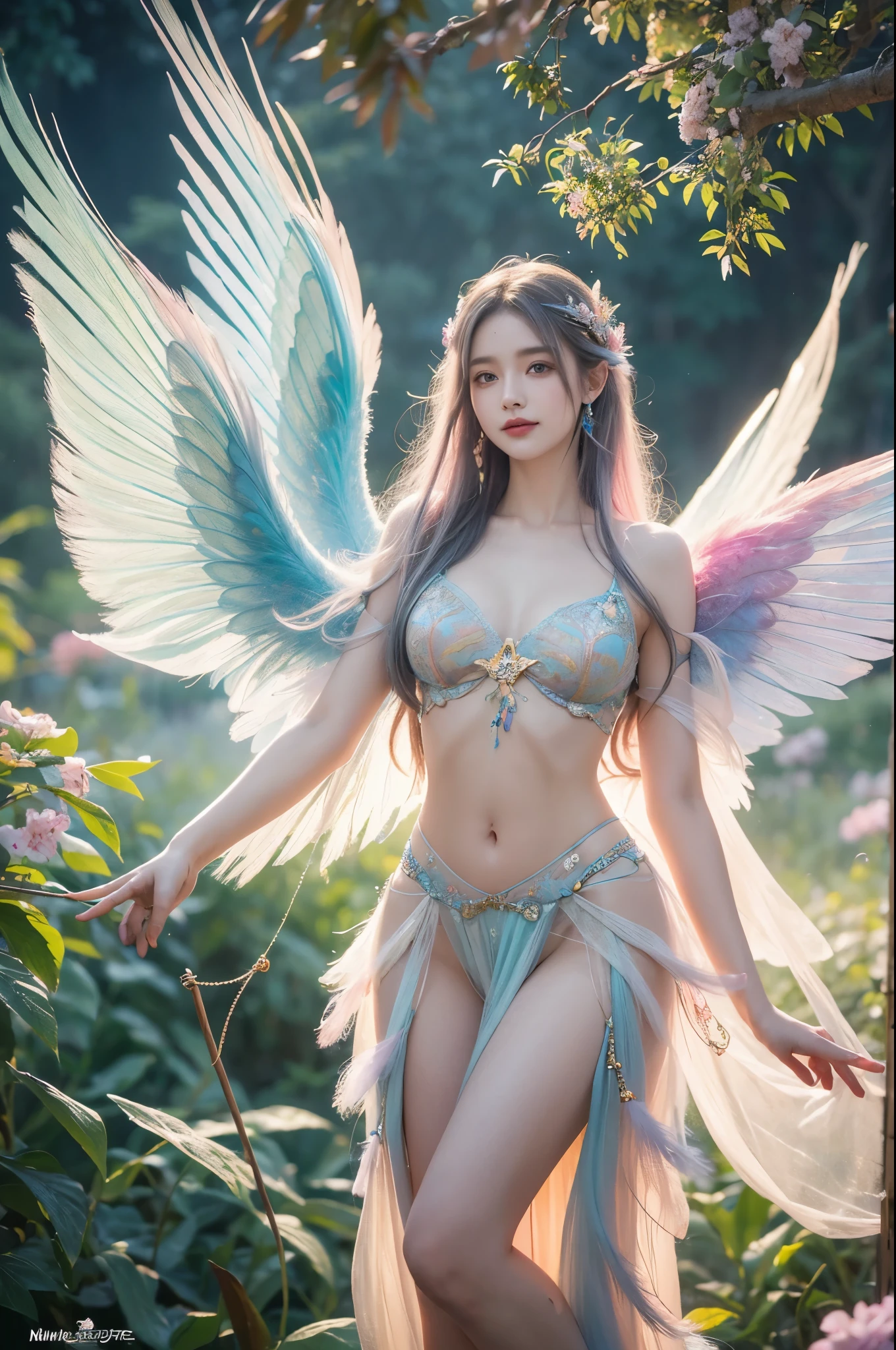 1girl, 23 years old, standing regal with open hands, symmetrical and fractal, multi-color pastel long hair, colorful (1.2), lies in a bird's nest and hatches (1.2), perfect face, sexy linagerie, oil smooth skin, kinky and sexy smile, looking at the viewer, fairy wings, Big fairy wings, multi color pastel feather wings, fairy vibe , background of mystic realm and magic, the particles of magic light with multi color , wind forming particles in seamless fractal pattern, warm light, epic scene , HDR+, extreme detailed ,Nikon D850, masterpiece, devianart, photo-real painting