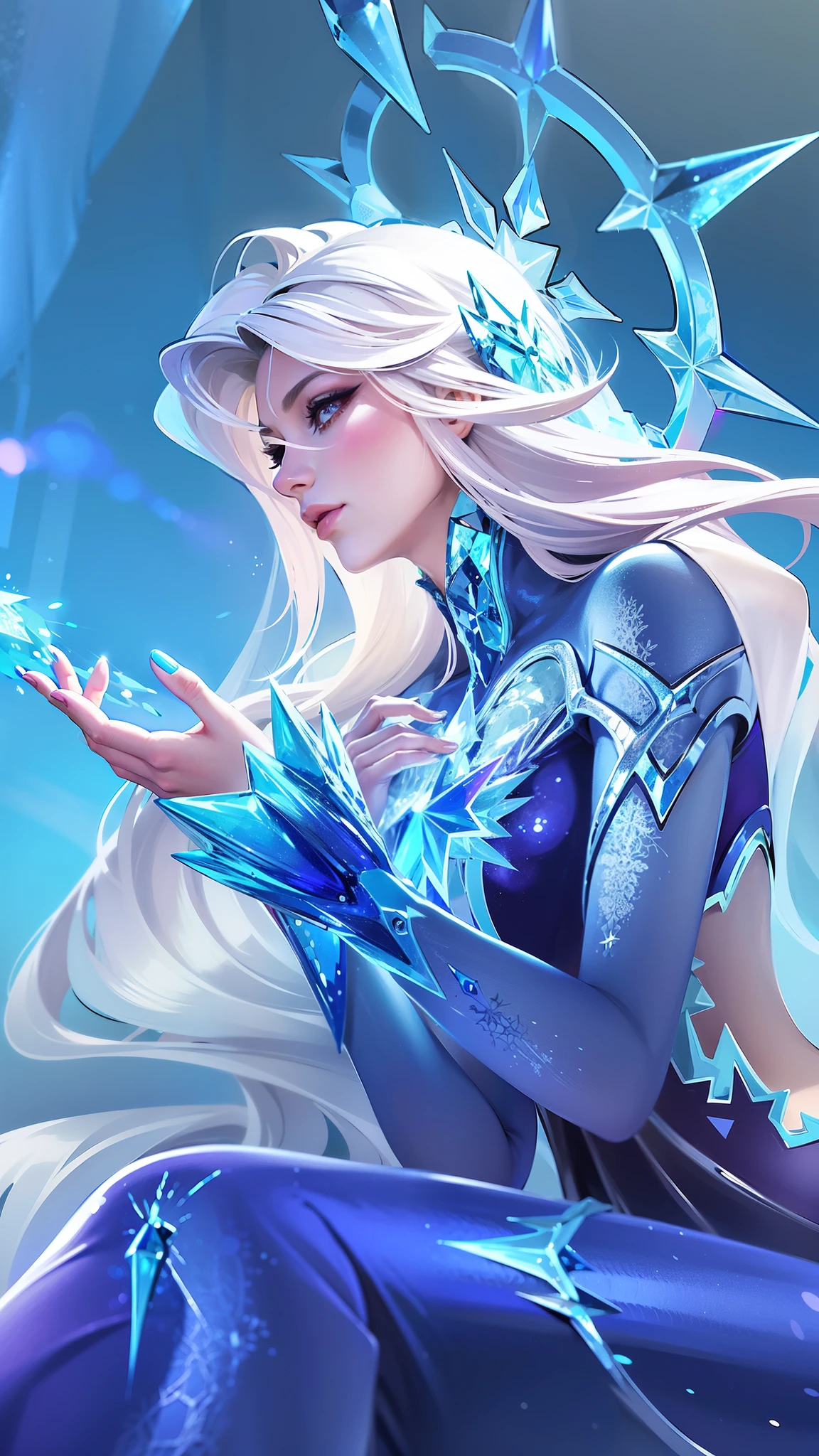 anime - style illustration of a woman dressed in blue sitting on a ledge, ice sorceress, queen of ice and storm, ice mage, crystalline skin, ice queen, ig model | artgerm, ice spell, beautiful celestial mage, beautiful ancient frost witch, extremely detailed artgerm, crystal maiden, elsa, ! dream artgerm, icey
