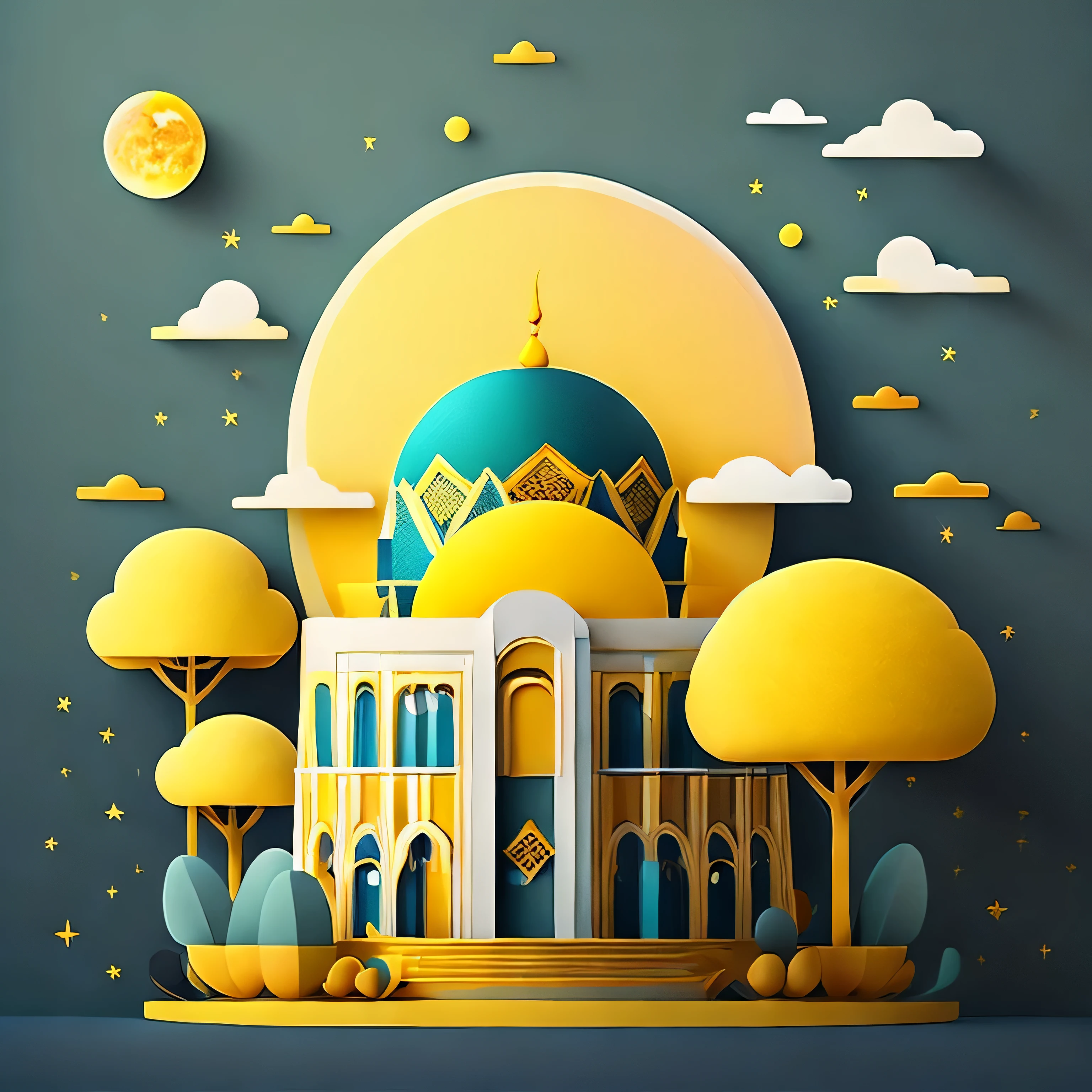 Art commercial illustration，modern mosque, islamic decoration around mosque, Mid-Autumn Festival themed poster。The background  a scene of the moon, The center area of the picture  centered and typeset, Clouds and details decoration，Poster design，vectorial art，Best quality，8K，yellow tone, perfect object