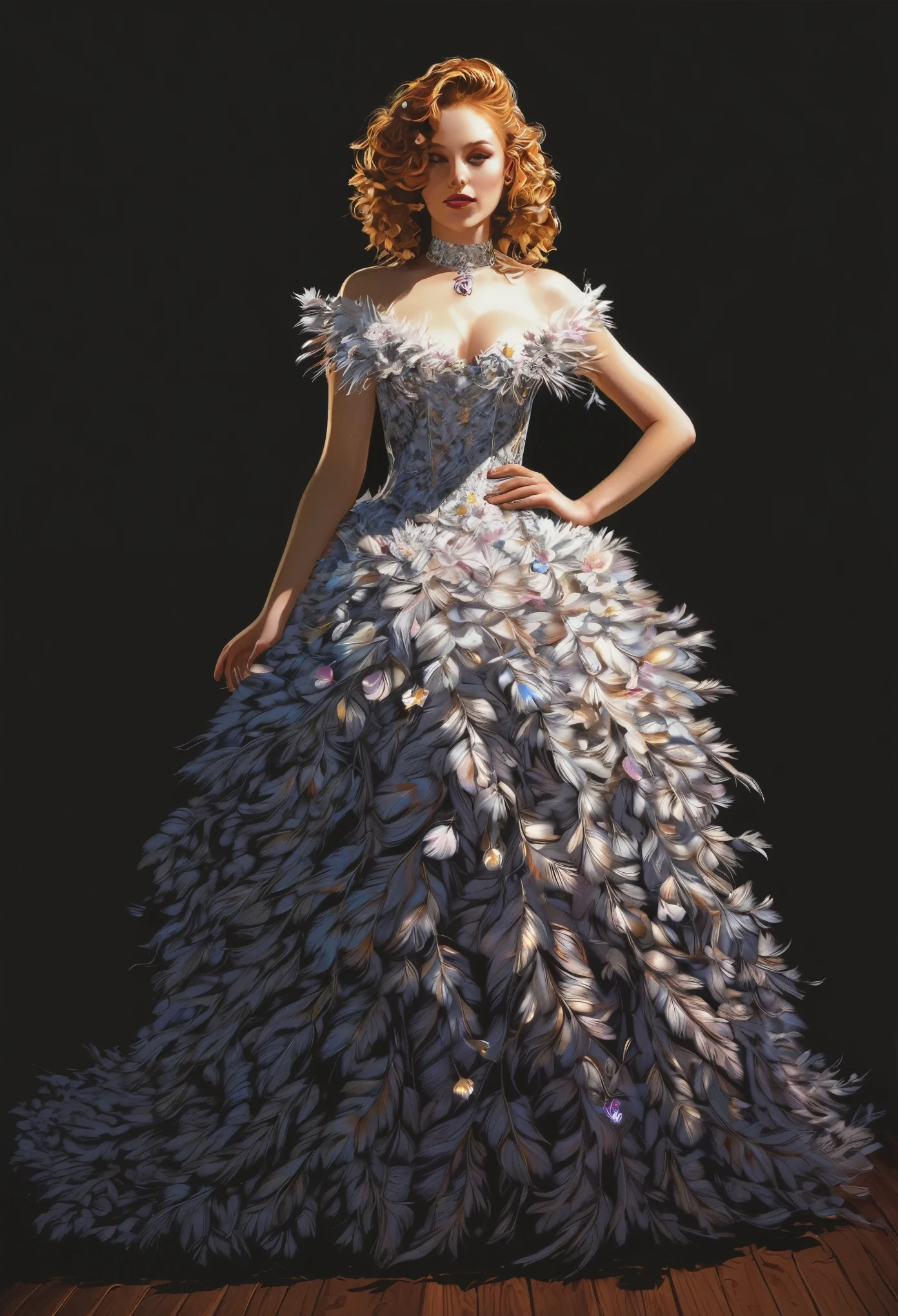 illustration，painting，acrylic painting，victorian art style，genius girl，Beautiful dress made of flowers，full body portrait，Focus on falling feathers，spotlight effect，rim light，Glowing special effects，Colorful and bright，high saturation，high contrast，black background，Super fine，Super realistic，Real light and shadow contrast，Realistic ray tracing，True light falloff，True light reflection，anti-aesthetic style，Poodlepunk，Snapshot aesthetic style ，  --q 2  --s 980   --ar 9:16 --niji 6