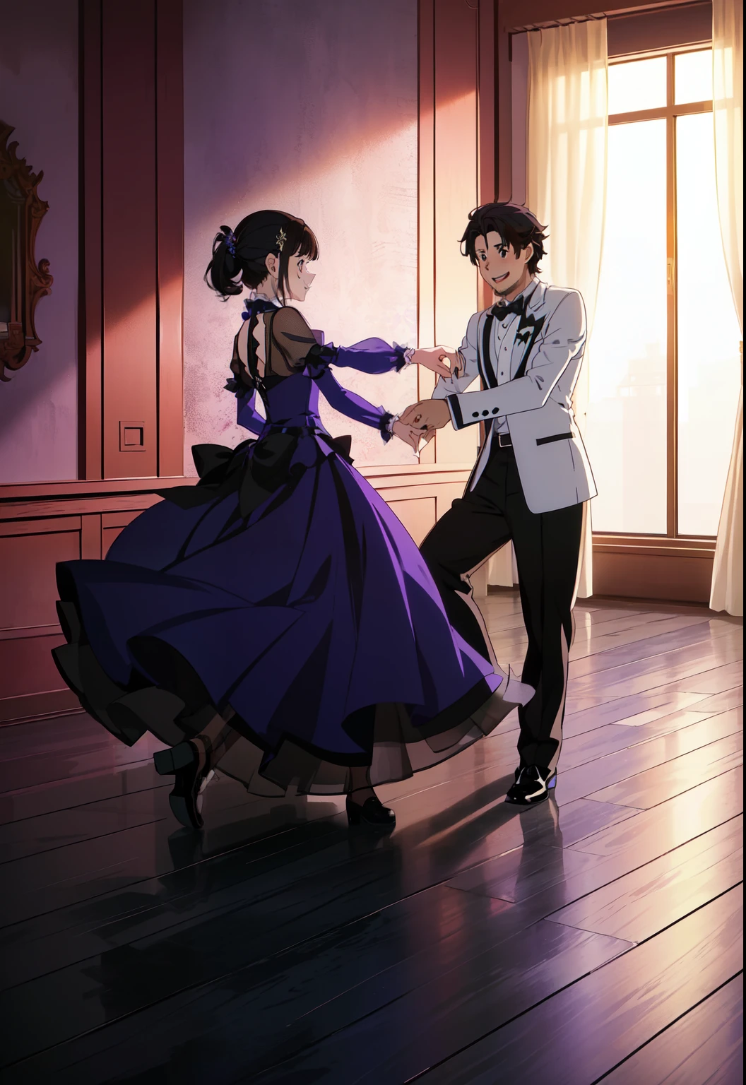 ((anime)) ,(((Girl and boy))), (((girl and guy dancing at the ball))), (masterpiece:1.2), Best quality, A high resolution, unity 8k wallpaper, (illustration:1.2), (very detailed face), (perfect hands), (Ideal Anatomy), (((girl with black hair and violet eyes))), (((black floor-length dress with transparent blue sleeves))), (((Ball gown))), ((The girl is embarrassed)), ((guy with brown hair and light blue eyes)), ((the guy has a very neat haircut)), (((Guy in a light tuxedo))), (((very stocky guy))), (((the guy is very happy))), (couples dancing around), (beautiful ballroom)