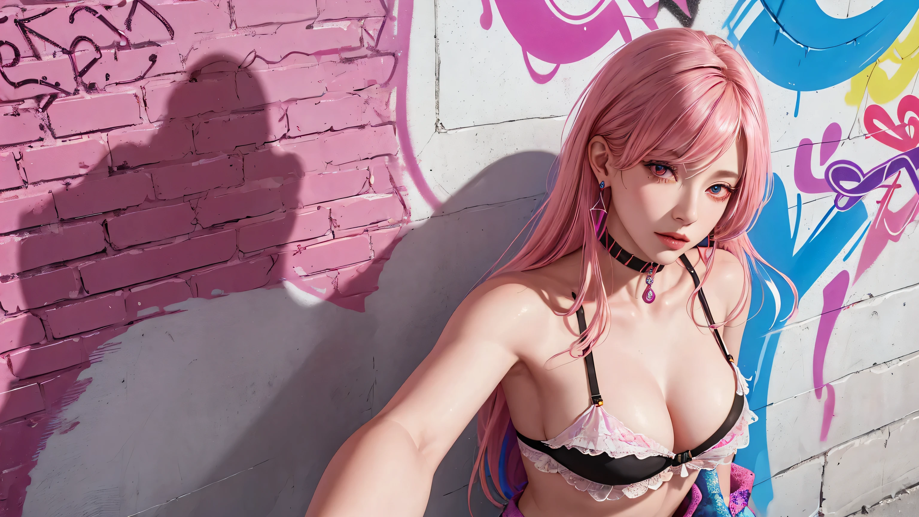 (Masterpiece, best quality, 1 girl, alone, complicated details, Chromatic aberration), realistic, ((Moderate breath)),long hair, pink hair, Red headpiece, Pink Highlights, hair on one eye,purple eyes, earring, sharp eyes, choker, Neon coat, She wears a collar, bangle, and kimono style garters., crop top, (symmetrical eyes),(Perfect symmetrical body),against the wall, Brick wall, (colorful graffiti words on the wall:1.2), The light is dim., alley ,Look at the viewer.,