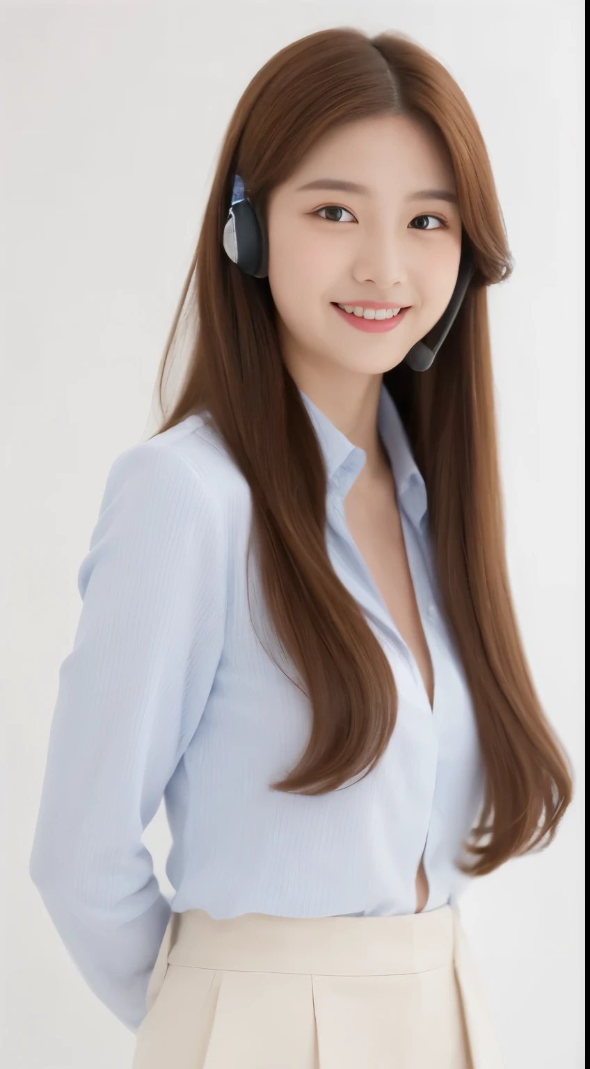 masterpiece, lure, suit, smile, Call center operations, full body photo, long brown hair, white background, beautiful breasts, shirt, tie, pants (girl), High resolution facial features, 8K, double eyelid, delicate features、wearing a headset