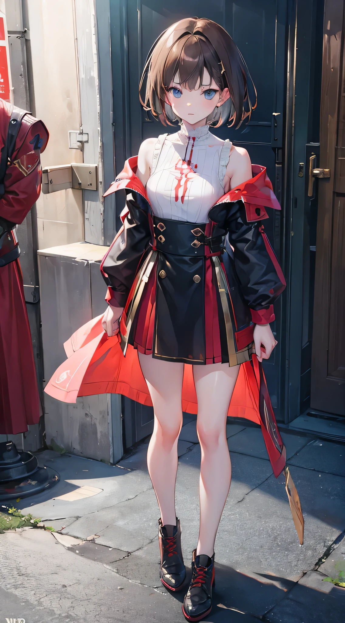 (brown hair,Off the shoulder dress,priest style,clothing,white,whole body,one person,girl,shorter height,medium short hair length) (best quality,4K,8K,high resolution,masterpiece:1.2),Super detailed,(actual,photoactual,photo-actual:1.37),high dynamic range,ultra high definition,studio lighting,Ultra-fine coating,sharp focus,Physically based rendering,extremely detailed description,professional,bright colors,Bokeh,portrait，flat chest，clothing上有小齿轮标志