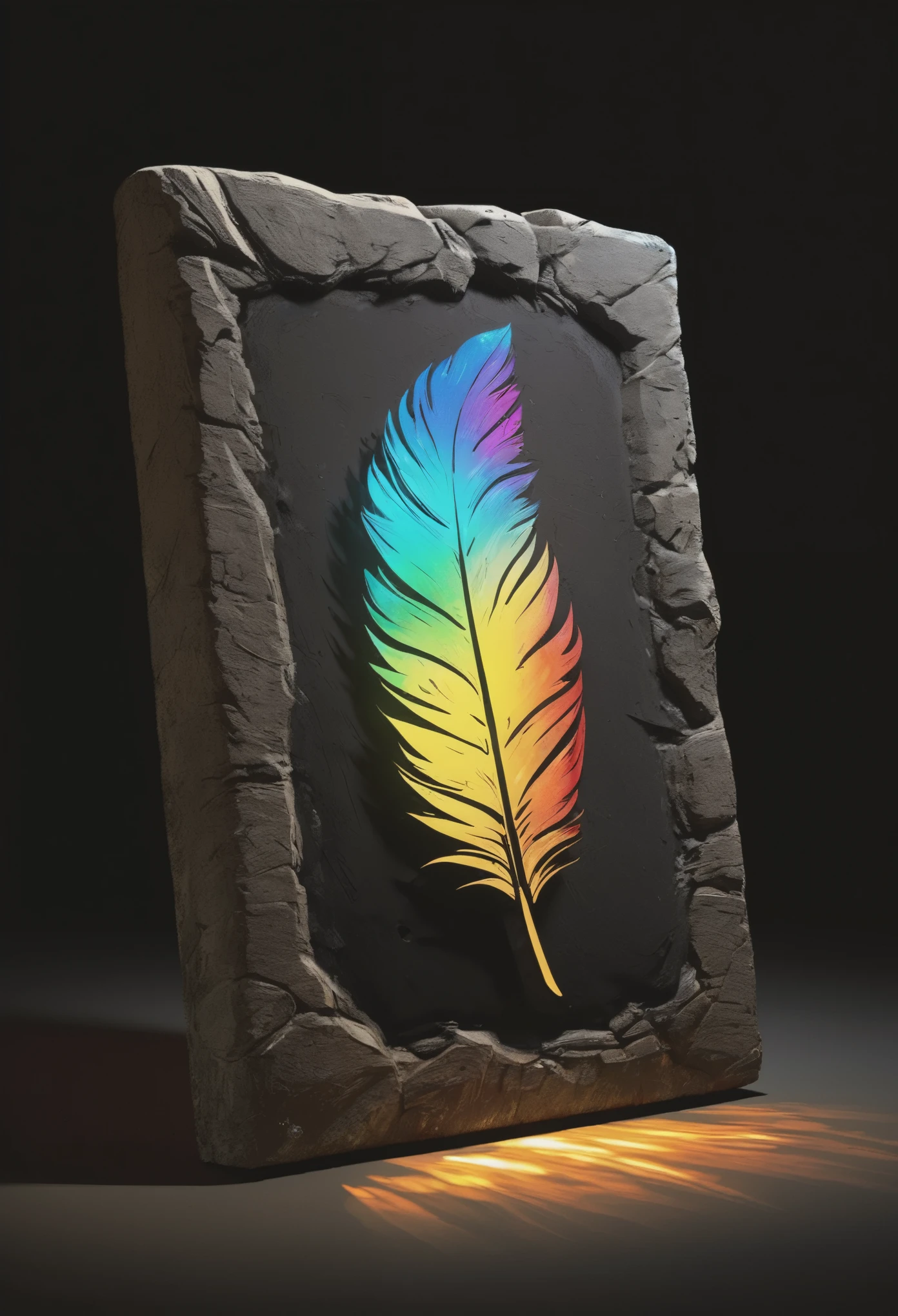 illustration,painting,acrylic painting,victorian art style,A mysterious and simple stone tablet full of cracks,A strong and dazzling seven-color light emits from it,full body portrait,Focus on falling feathers,spotlight effect,rim light,Glowing special effects,Colorful and bright,high saturation,high contrast,black background,Super fine,Super realistic,Real light and shadow contrast,Realistic ray tracing,True light falloff,True light reflection,anti-aesthetic style,Poodlepunk,Snapshot aesthetic style , --q 2 --s 980 --ar 9:16 --niji 6