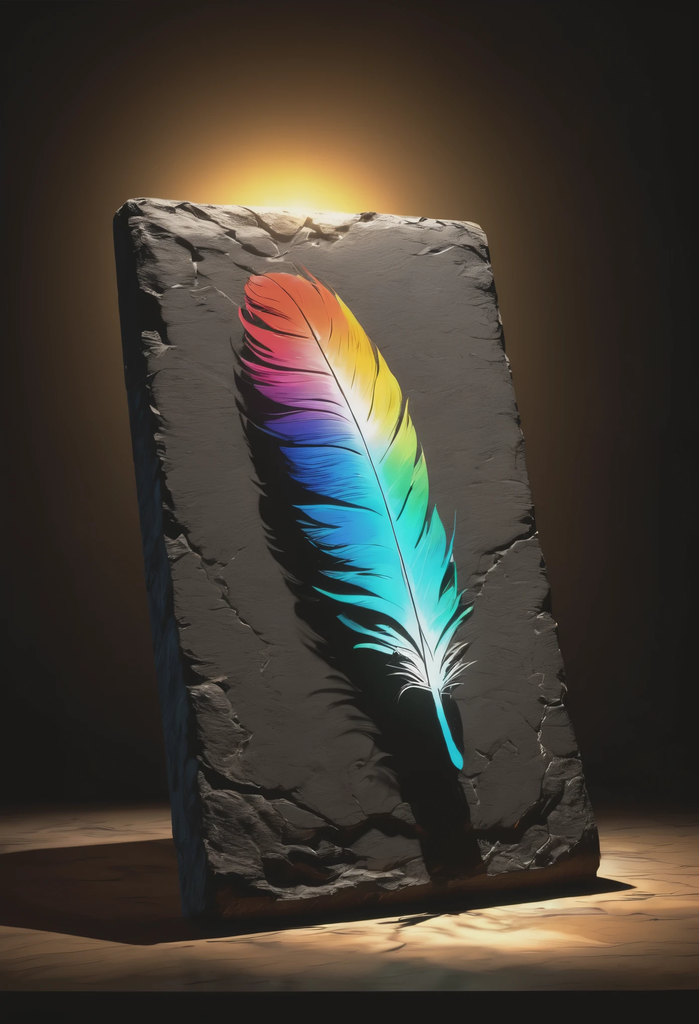 illustration,painting,acrylic painting,victorian art style,A mysterious and simple stone tablet full of cracks,A strong and dazzling seven-color light emits from it,full body portrait,Focus on falling feathers,spotlight effect,rim light,Glowing special effects,Colorful and bright,high saturation,high contrast,black background,Super fine,Super realistic,Real light and shadow contrast,Realistic ray tracing,True light falloff,True light reflection,anti-aesthetic style,Poodlepunk,Snapshot aesthetic style , --q 2 --s 980 --ar 9:16 --niji 6